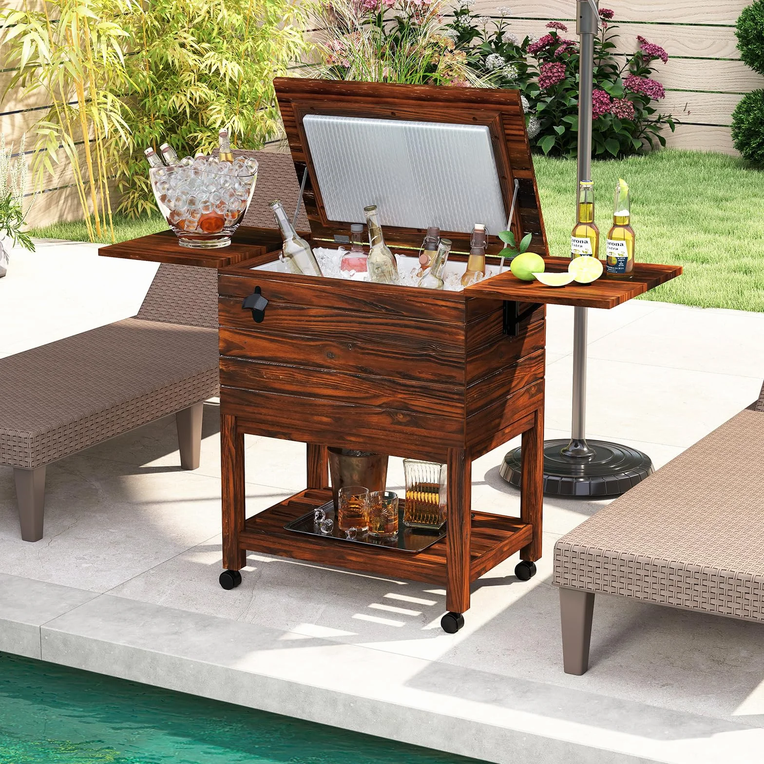 SOARS Nevera móvil para jardín, terraza, piscina, 51 l, bar, 128 x 42,5 x 74 cm, 2-4 horas, 4 ruedas universales, 2 estantes laterales plegables