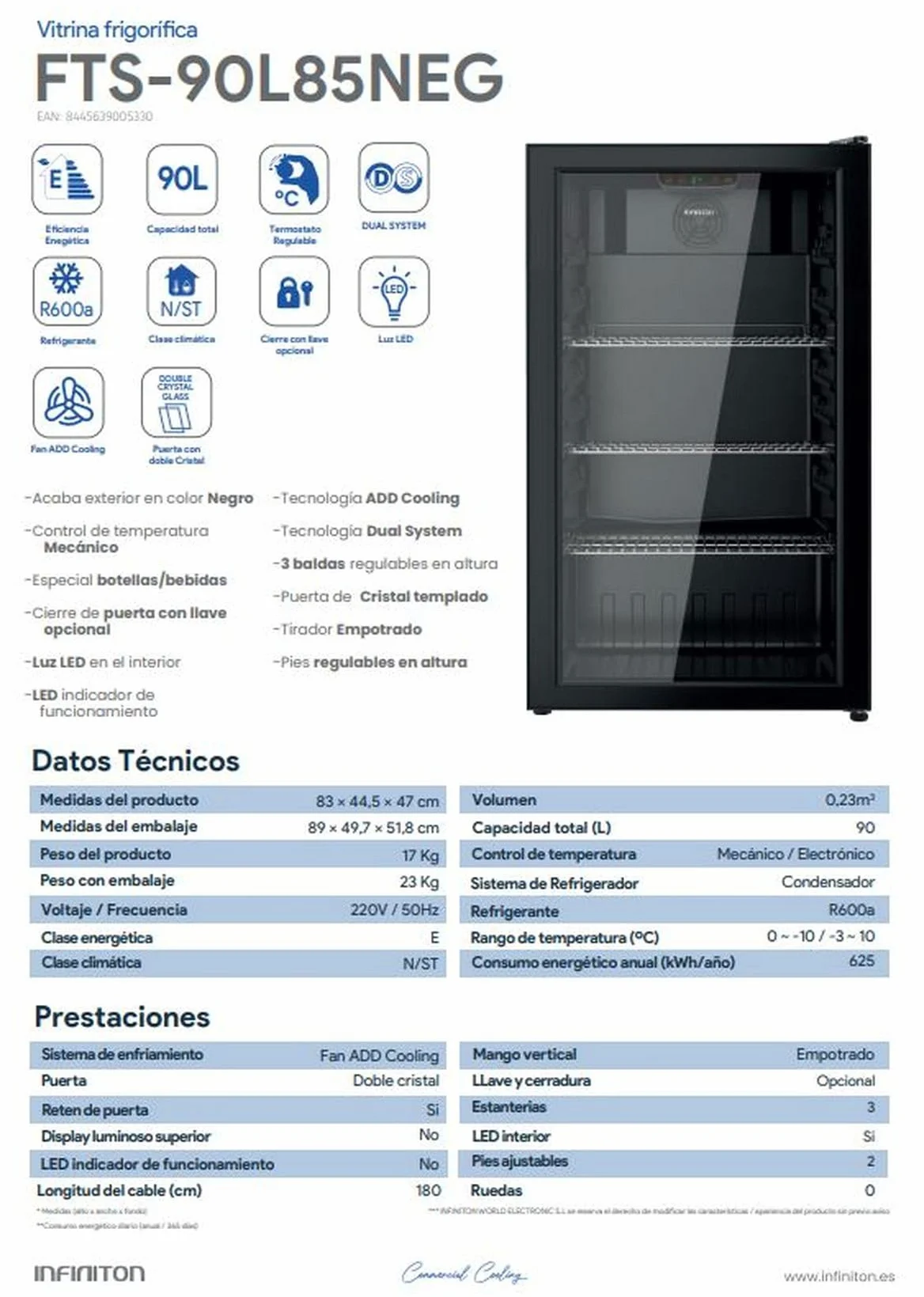 INFINITON Vitrina Frigorifica FTS-90L85NEG, 90 Litros, Altrua 83 cm, Fan ADD Cooling, 3 Estanterias, Led Interior, Doble Cristal, negro, E