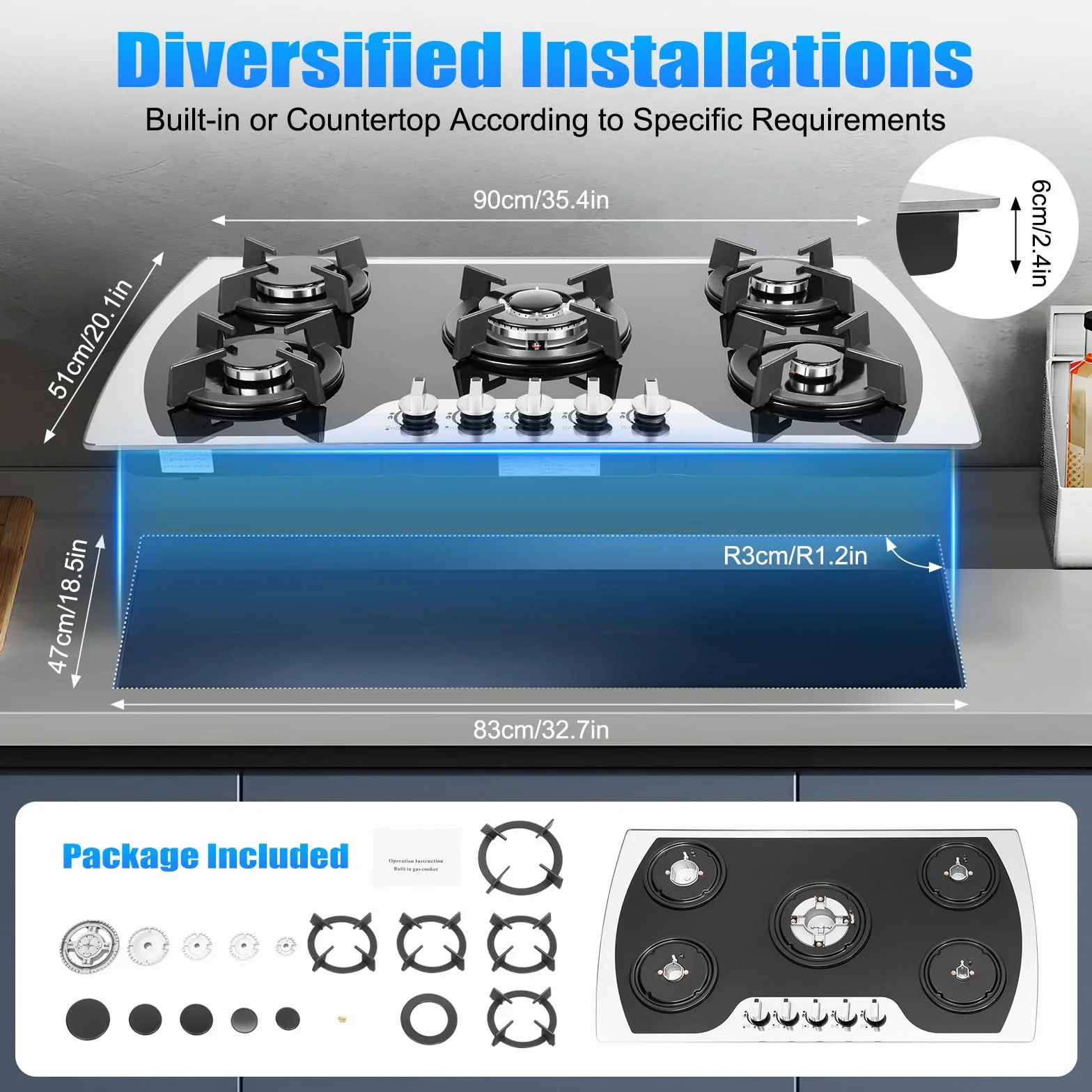 Cocina de gas de 5 zonas, 90 cm, autosuficiente, 5 focos, gas natural/propano, para cocina comercial en hogares o