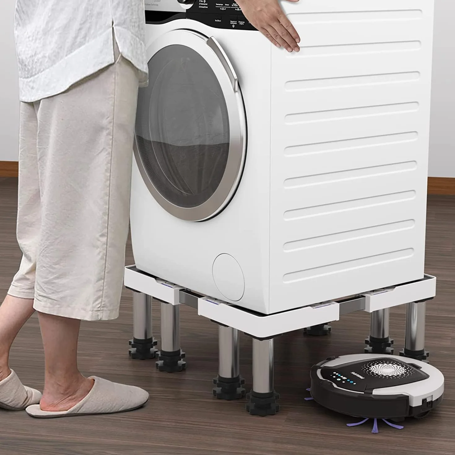 DEWEL Base de la Lavadora de 8 Pies, Carga de 500 kg, Base de la Lavadora del Refrigerador Ajustable, Secadora y Congelador, Longitud Ajustable 43 - 57 cm, Altura 18 - 20 cm, Tubería Cuadrada