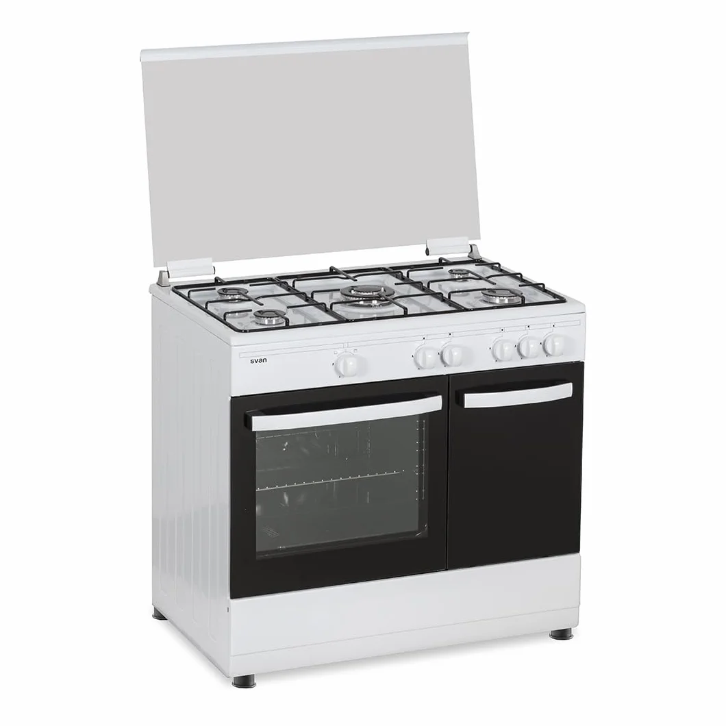 Svan Cocina Gas Butano 5 Zonas de Cocción, Horno 59 L, Blanco SKGW5900PB. Control Manual, Quemador WOK triple llama, 2 Programas de Cocción, Cristal en Puerta de Doble Capa, Tapa Abatible