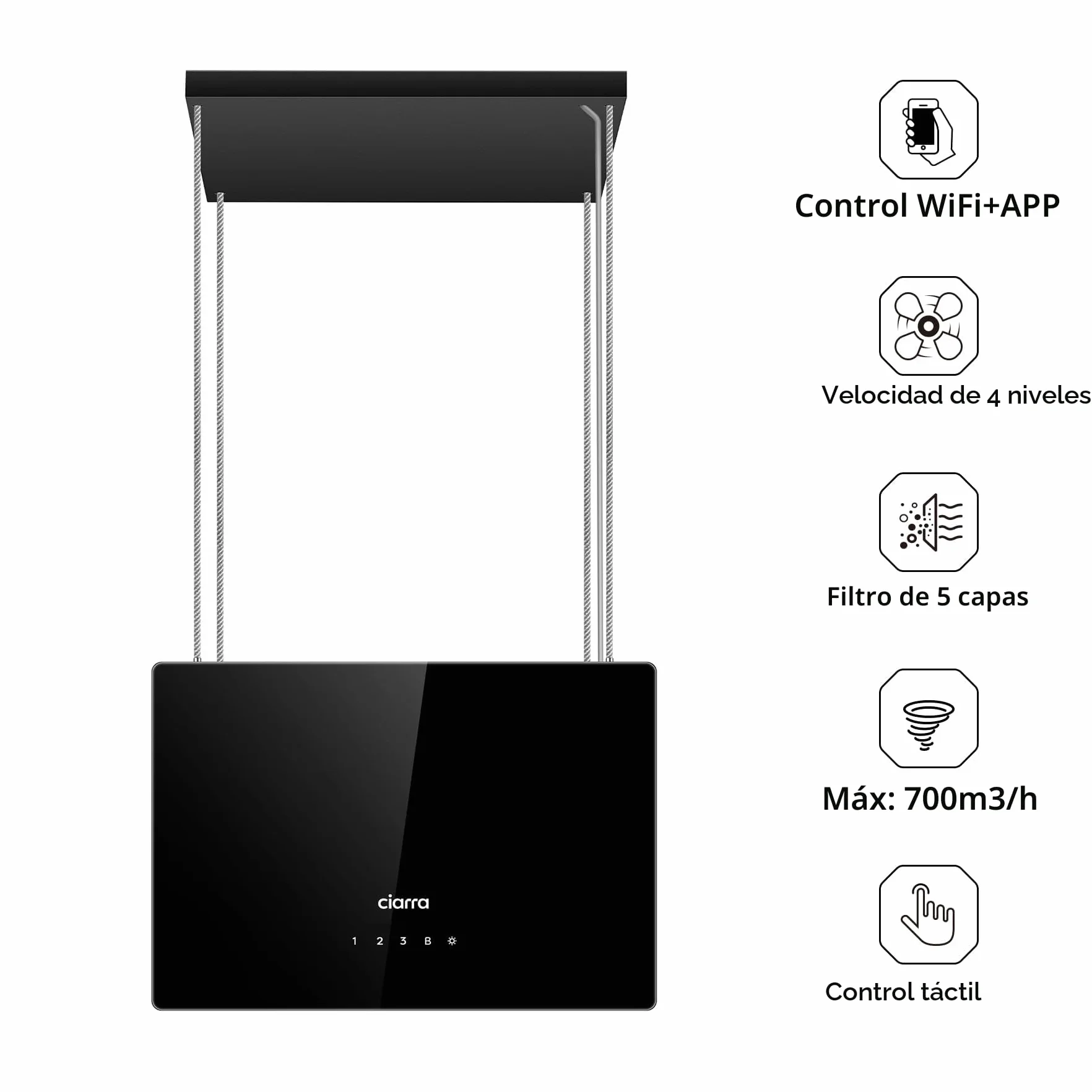 CIARRA CBCB4850 Campana Extractora Isla 48cm 700m³/h WiFi Control Táctil Clase A+++ Filtro Carbón 4 Velocidades LED Negro