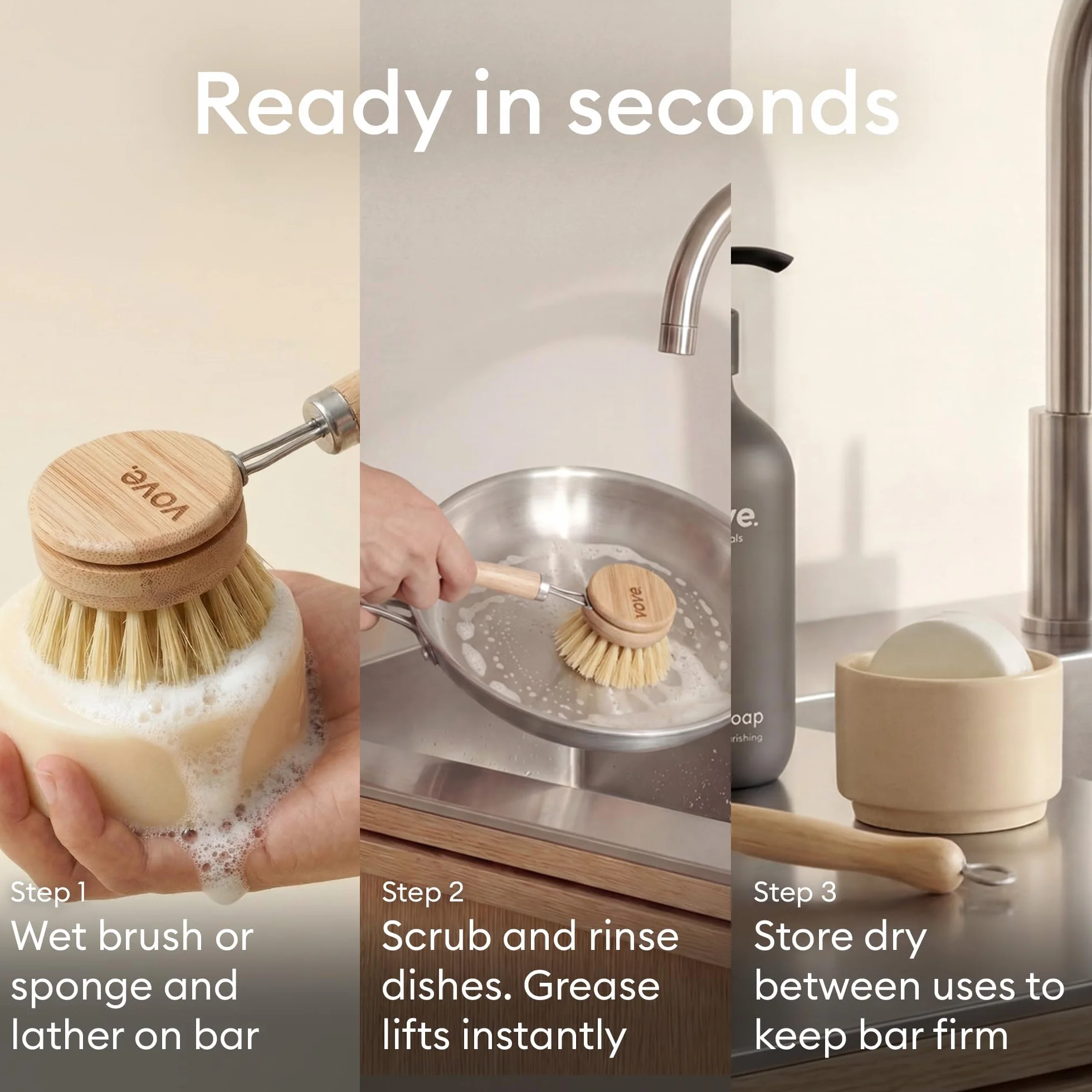 Vove | Paquete completo de lavavajillas ecológico | Cepillo para platos, cepillo para fregar, 3 esponjas y 30 tabletas para lavavajillas | Limpieza sostenible y biodegradable | Limpieza sostenible |