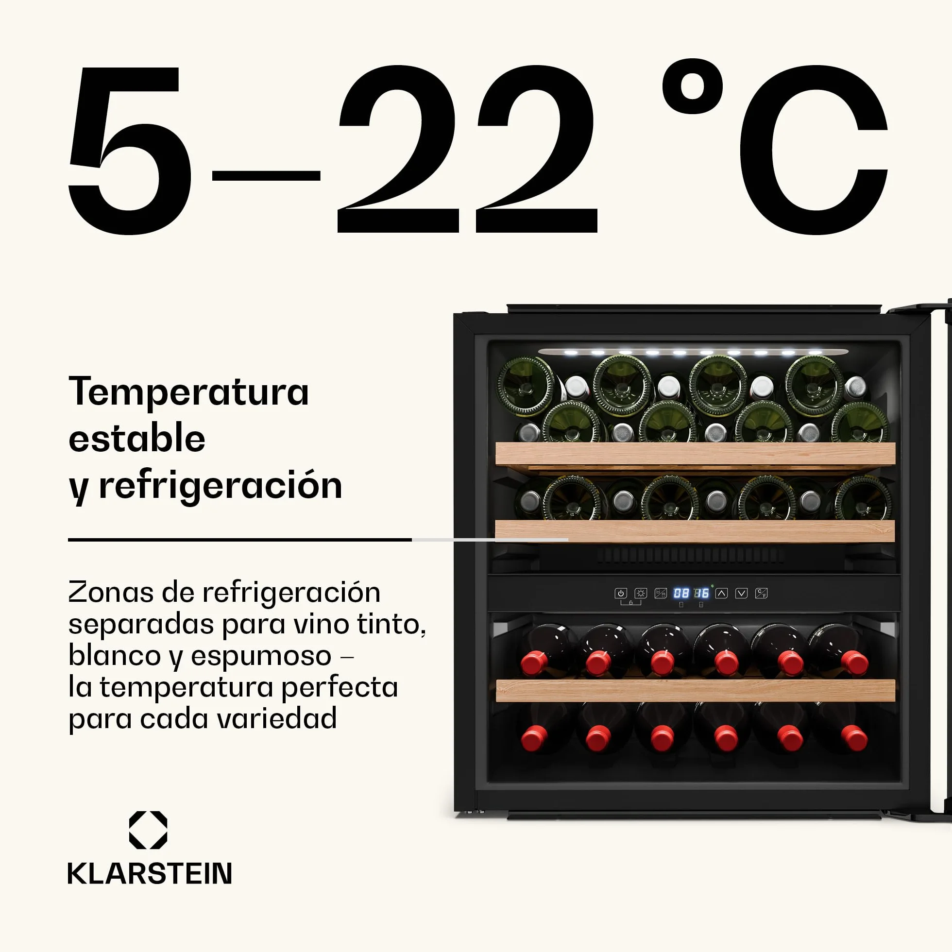 Klarstein Vinsider Victoria 36 Vinoteca - 36 Botellas, 2 Zonas, 5-22°C, Control Táctil, Iluminación LED, Protección UV, Integrado, Negro