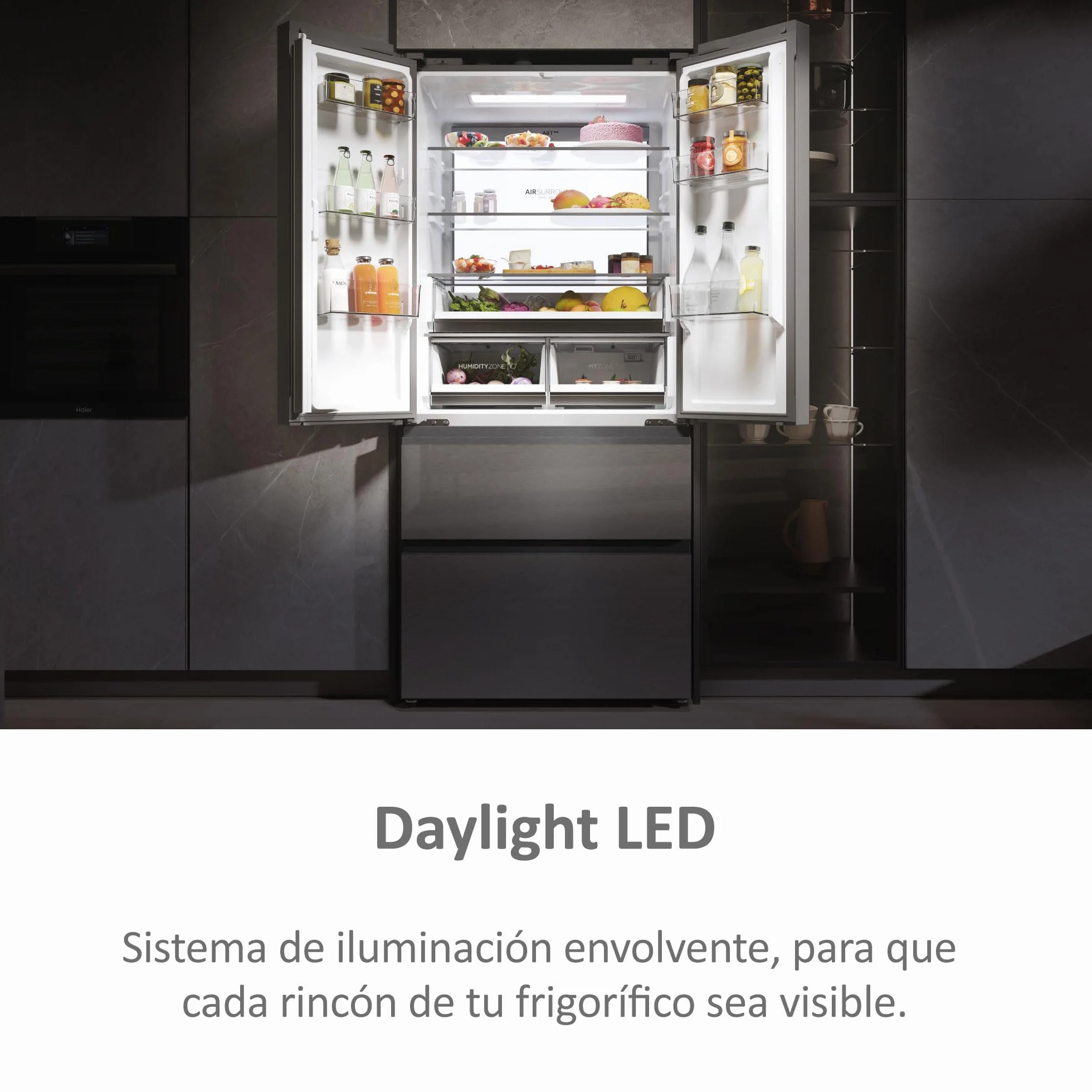 Haier FD 83 Series 7 HFR7819ENGC - Frigorífico Puerta Francesa, 504L, Cajones Direct Access, AirFlow, WIFI, Motor Inverter, Humidity Zone, Total No Frost, Ancho 83cm, Daylight, Glass Inox Look