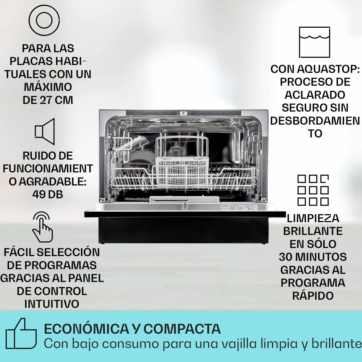 Klarstein Lavavajillas Pequeño Sobremesa, Mini Lavavajillas 6 Cubiertos, Lavavajillas Portatil de Sobremesa Silencioso 6 Programas, Lavavajillas Compacto de Mesa Sin Instalación Difícil para Casa