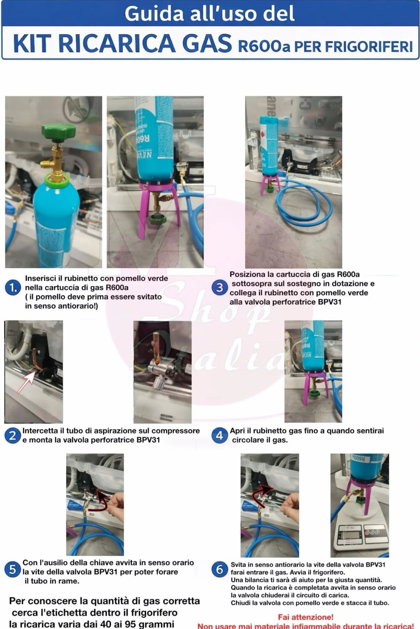 Kit reparación recarga frigorífico congelador R600a 420 gr grifo salida 1/4" M tubo válvula perforadora cobre hierro aluminio