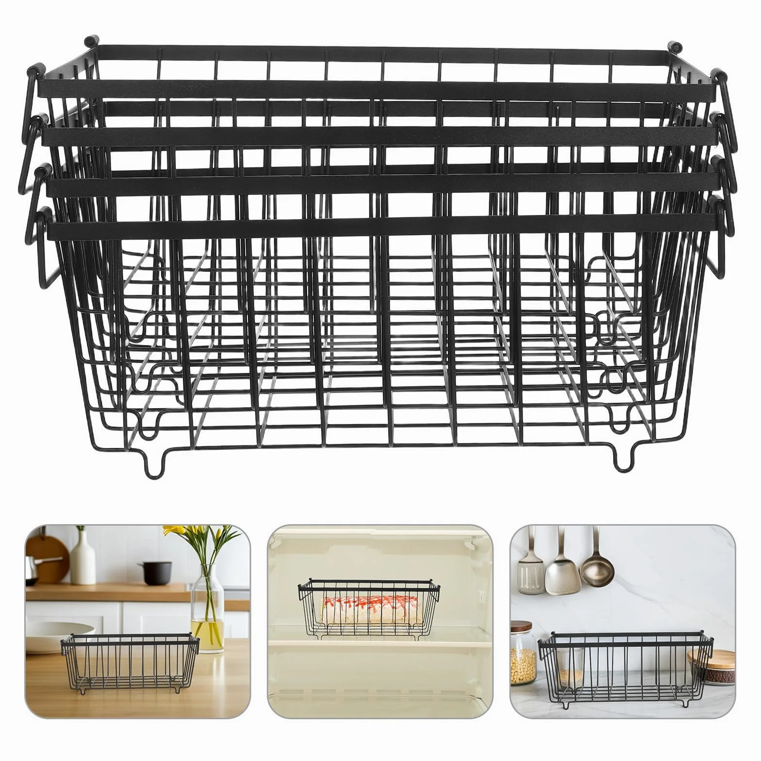 4 Cestas de Almacenamiento para Congelador en Hierro Negro con Asas, Organizador para Nevera y Cocina, Optimización de Espacio y Almacenamiento