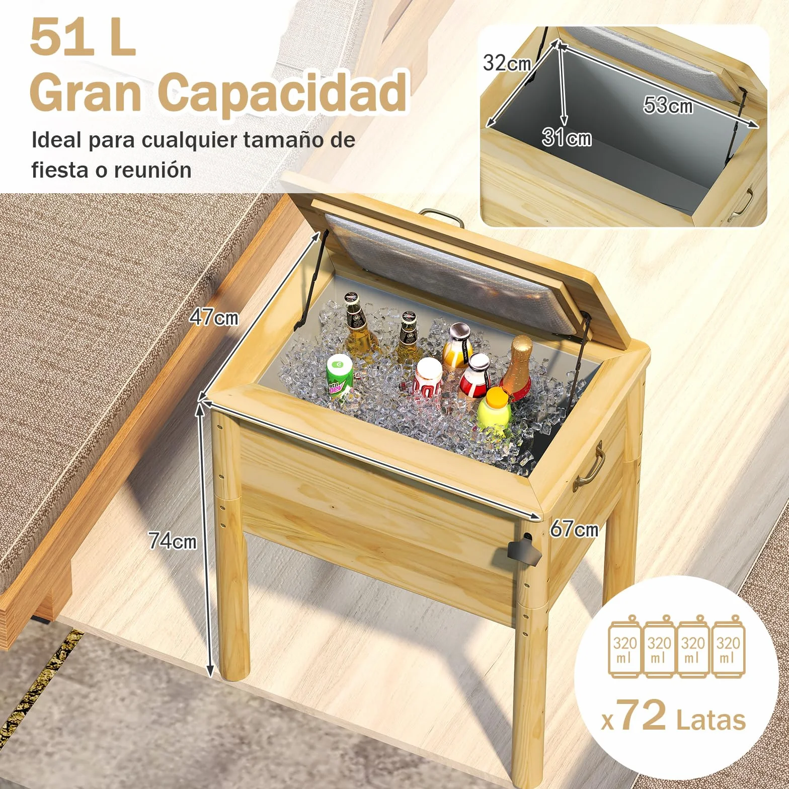 GOPLUS Nevera de Madera para Patio, Refrigerador de Bebidas de 51 L con Asas y Abridor de Botellas, Nevera de Hielo al Aire Libre para Fiesta, Patio, Junto a la Piscina y Barbacoa, Marrón Rústico