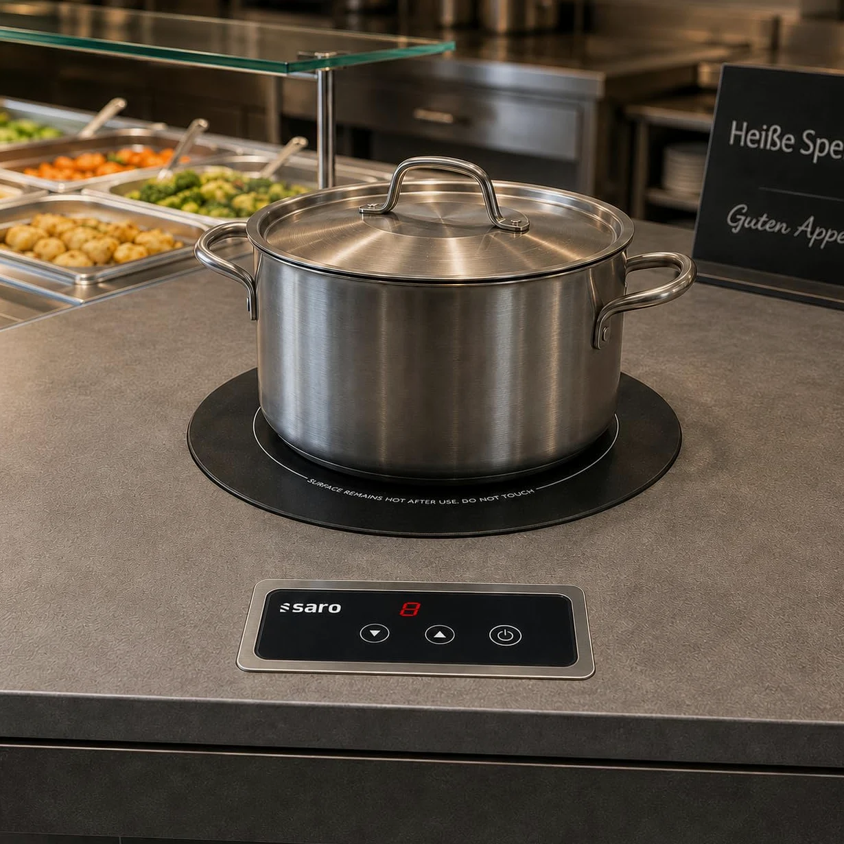 SARO EVA Placa de inducción empotrable, para ollas de hasta 200 mm Ø, pantalla táctil, 9 niveles de calor, indicador LED, temperatura 60-100 °C, 1 kW