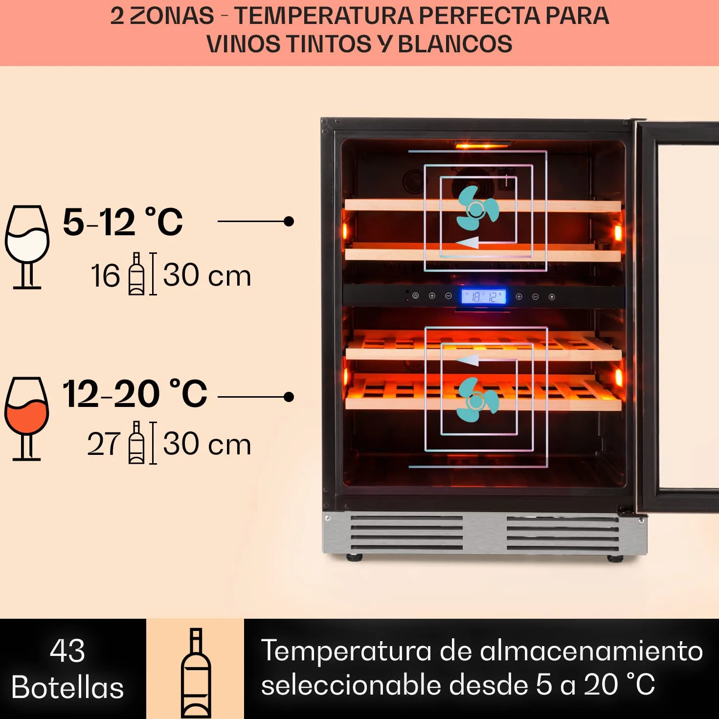 Klarstein Vinoteca para Vinos de 129L Nevera Vino Zona Doble, Botellas Vino, Proseco y Cervezas, Vinoteca Pequeña Puerta Cristal para Interior y Exterior, Nevera para Vinos Capacidad 43 Botellas