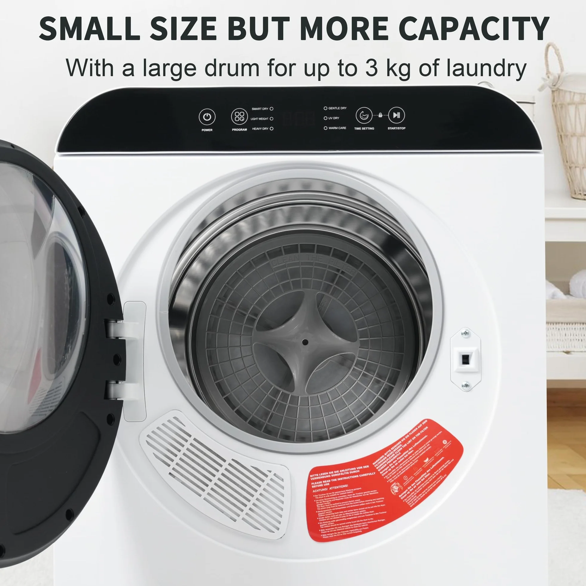 Secadora de Evacuación 4,5 kg con 6 Programas, Carga Frontal Secadora de Ropa 830 W, Montable en la Pared Secadora de Ropa con Tambor Inox, para Piso, Casa, Mobil Home, 59x49x43,5 cm, Blanco