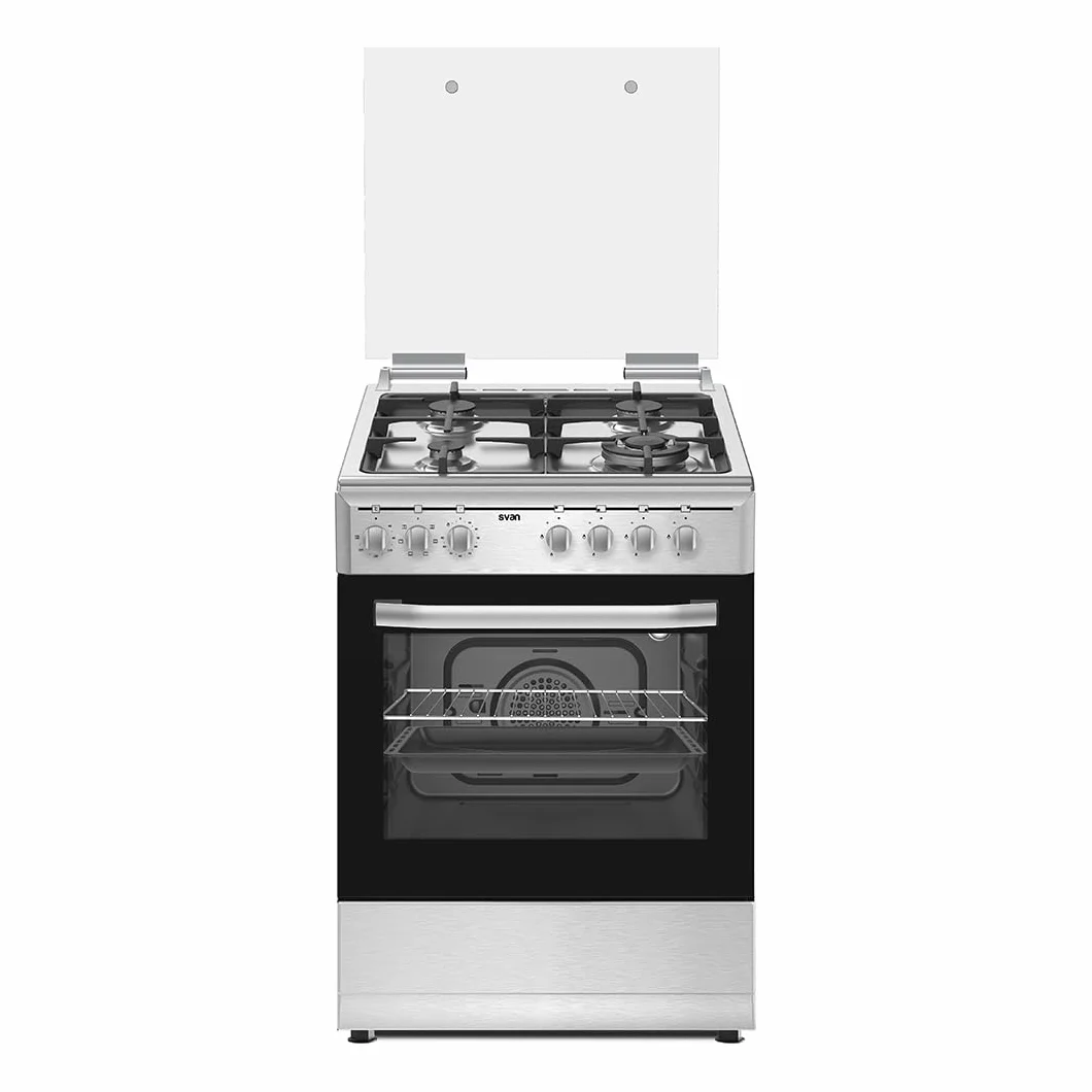 Svan Cocina Mixta gas Butano 4 Zonas Inox SKMW4600X. Quemador WOK triple llama, Kit Conversión Gas Natural, Acabado en Inox