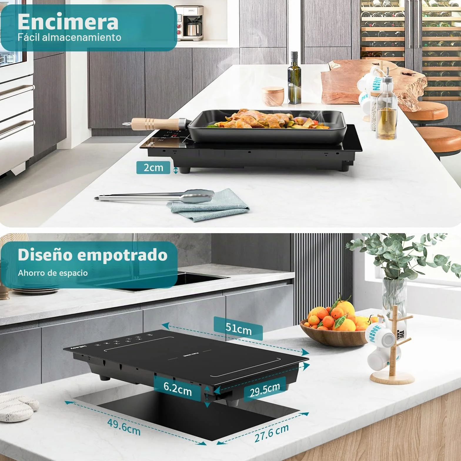 IsEasy - Placa de inducción con 2 luces empotrables, mesa de cocción eléctrica de 3400 W, 2 Boosters, temporizador, zonas flexibles, parada de coche, cerradura infantil, color negro