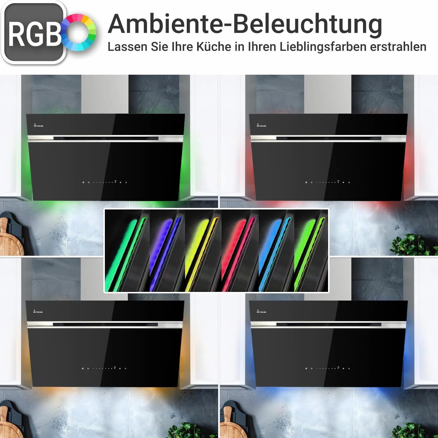 KKT KOLBE A+++ Campana extractora de 90 cm 782 cbm/h de recirculación, sin cabeza, campana de pared, color negro, plata, acero inoxidable, cristal, automática, aplicación WiFi inteligente, sensor