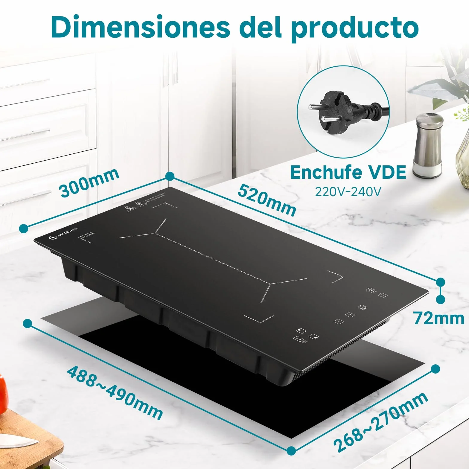 Placa de inducción con zonas flexibles, AMZCHEF placa induccion doble con 9 niveles de potencia, calentamiento intermitente, panel de control de moda, cerradura de seguridad, 3300W, negro
