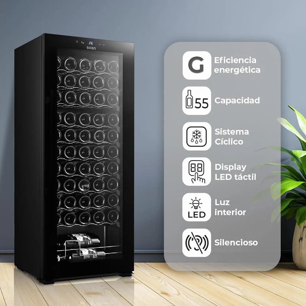 SVAN Vinoteca 55 Botellas Negro SVN5500S. 85W, Display LED táctil, Pantalla Digital Exterior, 10 Baldas de Madera, 1 Rejillas Metálicas, Clase de Eficiencia Enérgetica G