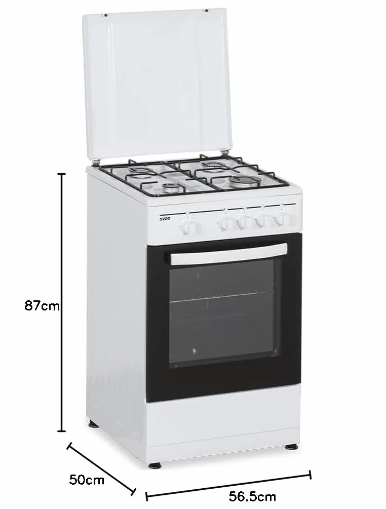 Svan Cocina de Butano con Horno con Grill 55 L SKG4500TM - 4 Zonas de Cocinado, Kit Conversión Gas Natural, Acabado en Esmalte Blanco