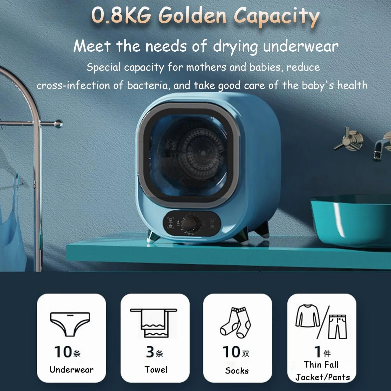 Mini Secadora, Secadora Eléctrica Compacta De 450W Con 2 Modos De Secado Y Temporizador, Secadora Ventilada De 5 Kg, Para Uso Sobre Encimera O Montaje En Pared(Electroplated blue)