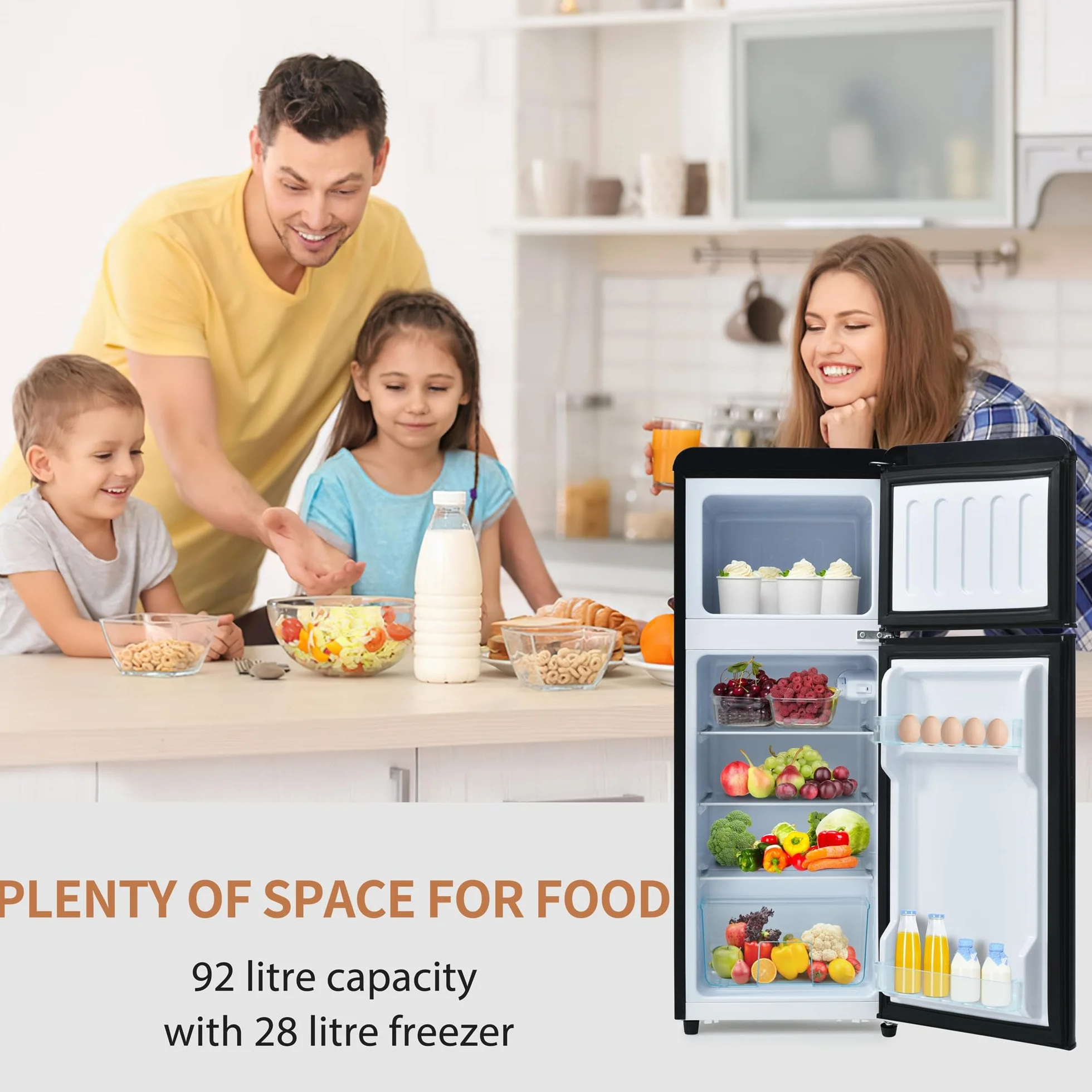 Frigorífico Mini 92L, Frigorifico Pequeño con Congelador (28L+64L), Frigorifico Combi con LED, 105,5x41x45,5 cm Frigorífico no Frost con 2 Estantes Ajustables, 116 kWh/año, -27°C∽13°C (Black)