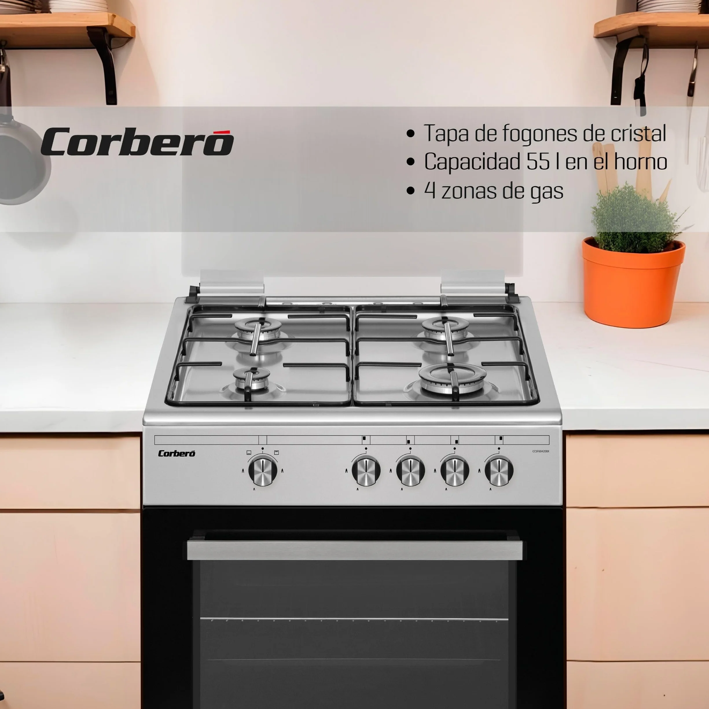 Corbero CCSF60420BX Cocinas Excellence 60 cm 83 x 60 x 61 55L Gas Butano Inox 4 Fuegos