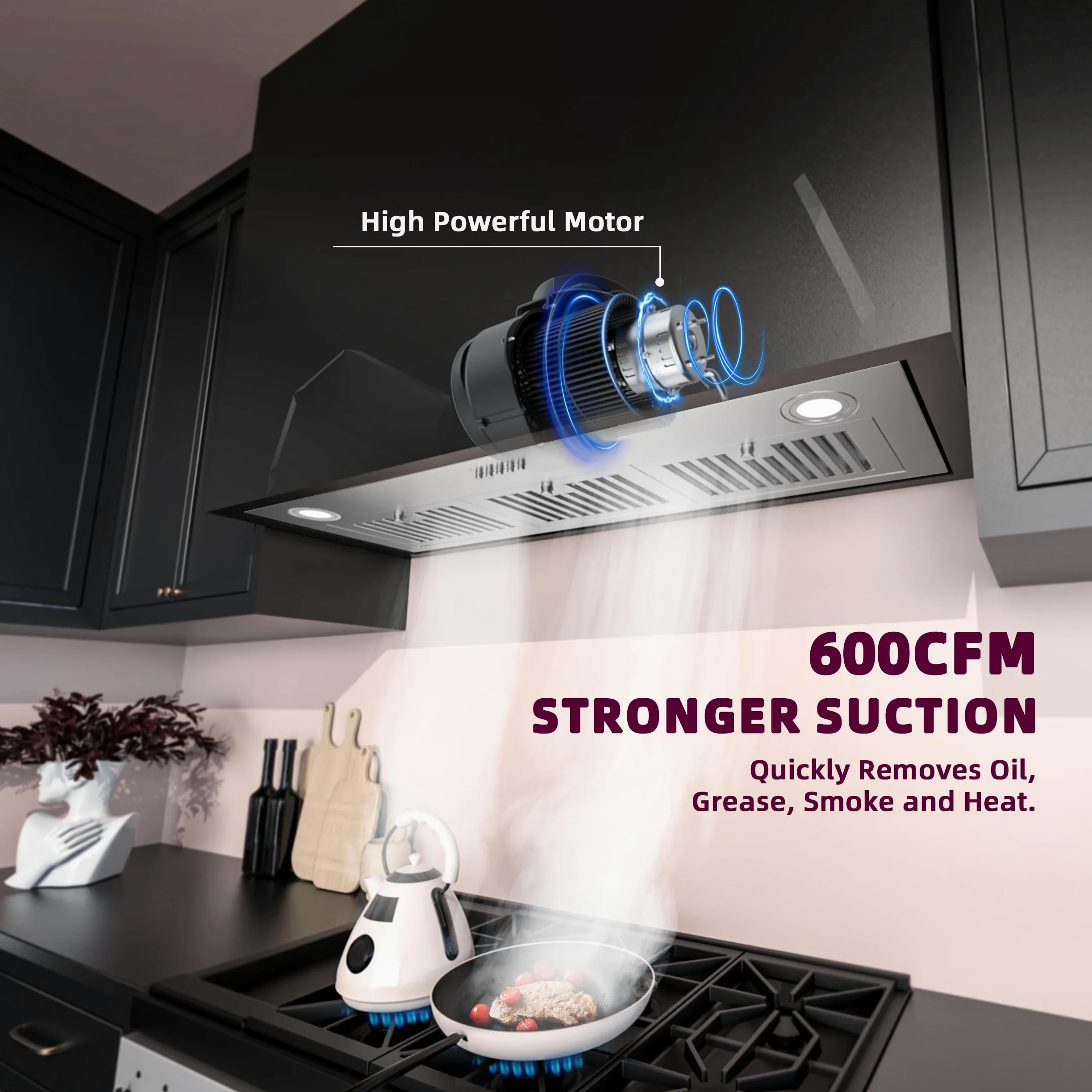 FIREGAS - Campana extractora de 36 pulgadas, campana de cocina integrada con 600 CFM, campana de ventilación convertible sin conductos, ventilación de acero inoxidable con botón de empuje, filtros
