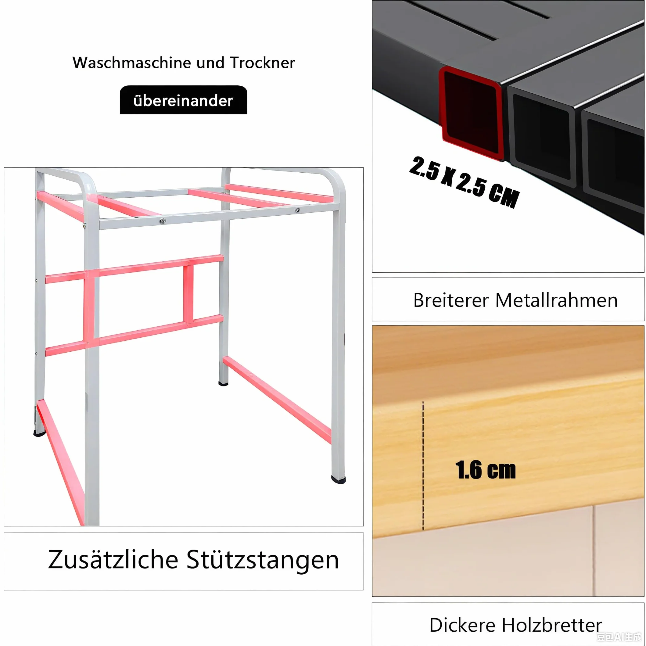 Mueble Lavadora Secadora Ajustable en Altura, Metálico Soportes para lavadoras-secadoras Carga 400kg, Estanterías para baño para Lavadora para balcón/lavadero (BlackTeak, H: 90cm/95cm/100cm)
