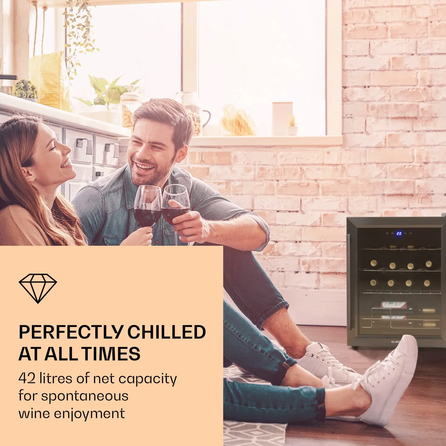 KLARSTEIN Ultimo Uno - Vinoteca, Nevera para vinos con regulador de temperatura entre 5 y 8 °C, Control táctil, Iluminación interior LED, Espacio para 16 botellas, 42 litros de volumen, Negro