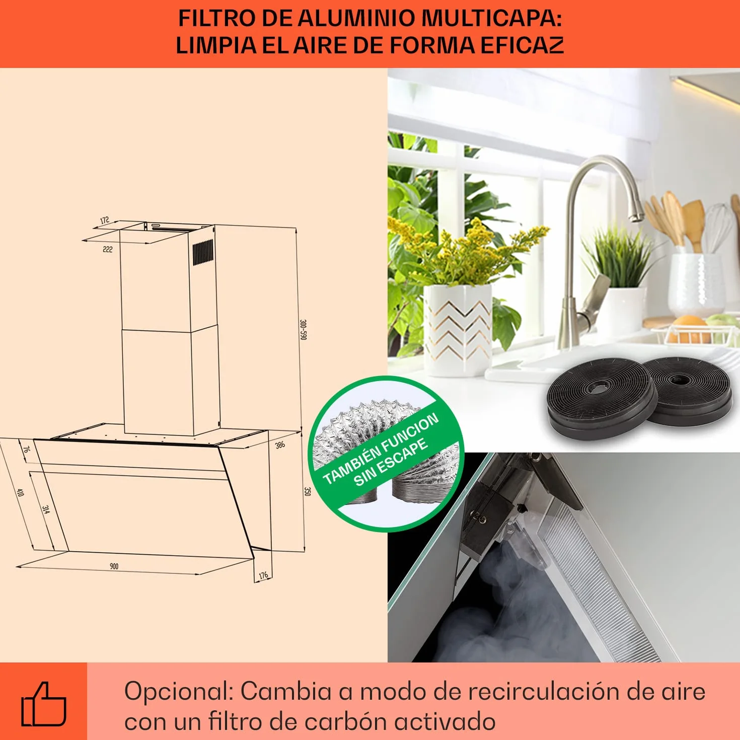 Klarstein Campana Extractora 90 cm, Campanas Extractoras, Extractor de Cocina con Filtro Anti Grasa, loT/Wi-Fi, Luces RGB LED, Flujo de Aire 514m³/h, Campana Bajo Consumo Silenciosa de Clase A++