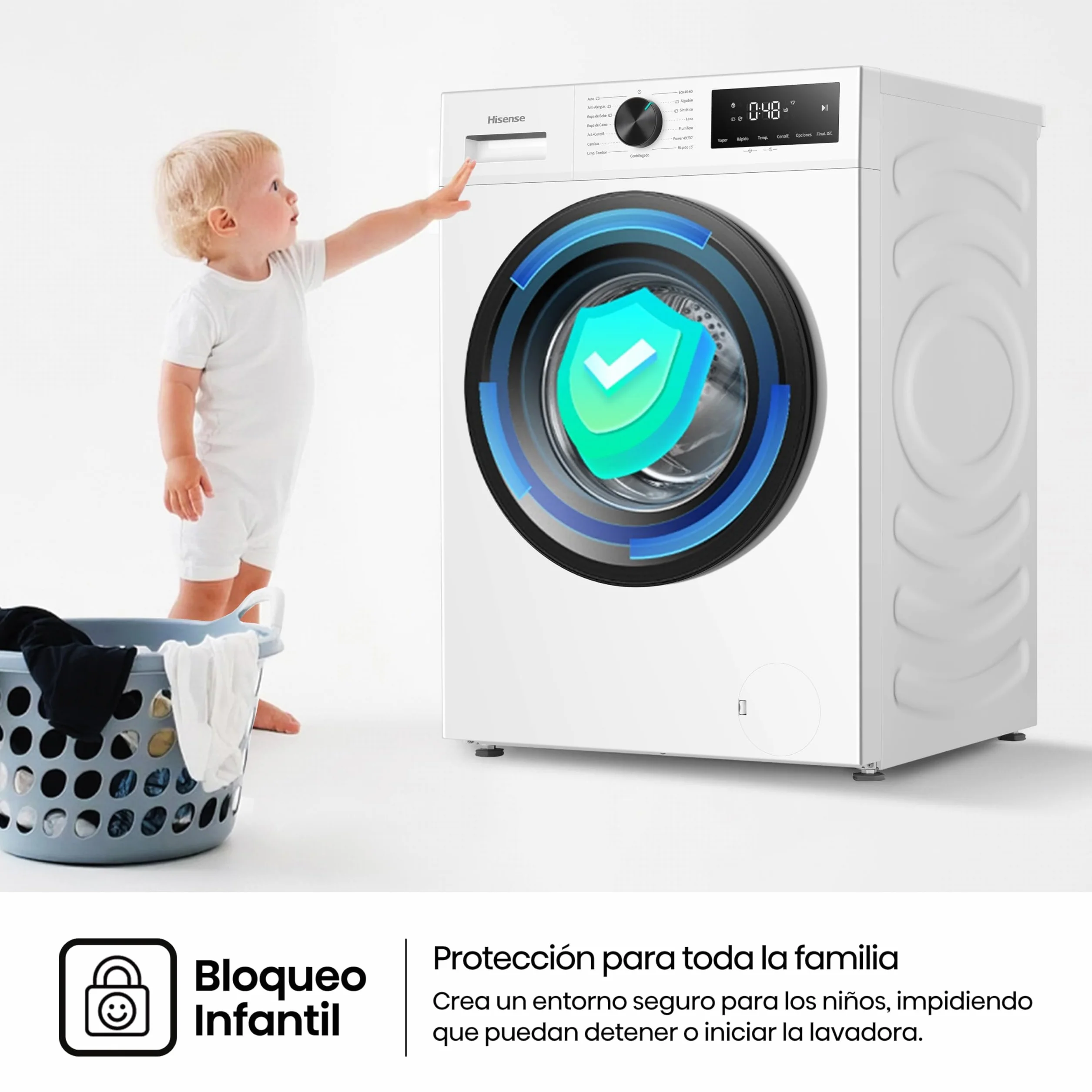 Hisense WF1I1142BWL - Lavadora 11 Kg, 1400 rpm, Clase A, Fondo 59cm, Lav. Power 49’ y Rápidos 30' y 15', Dispensador Automix, Lavado Auto Wash, Antiarrugas, iFit™ Fondo Optimizado, Vapor 99,9%, Blanco