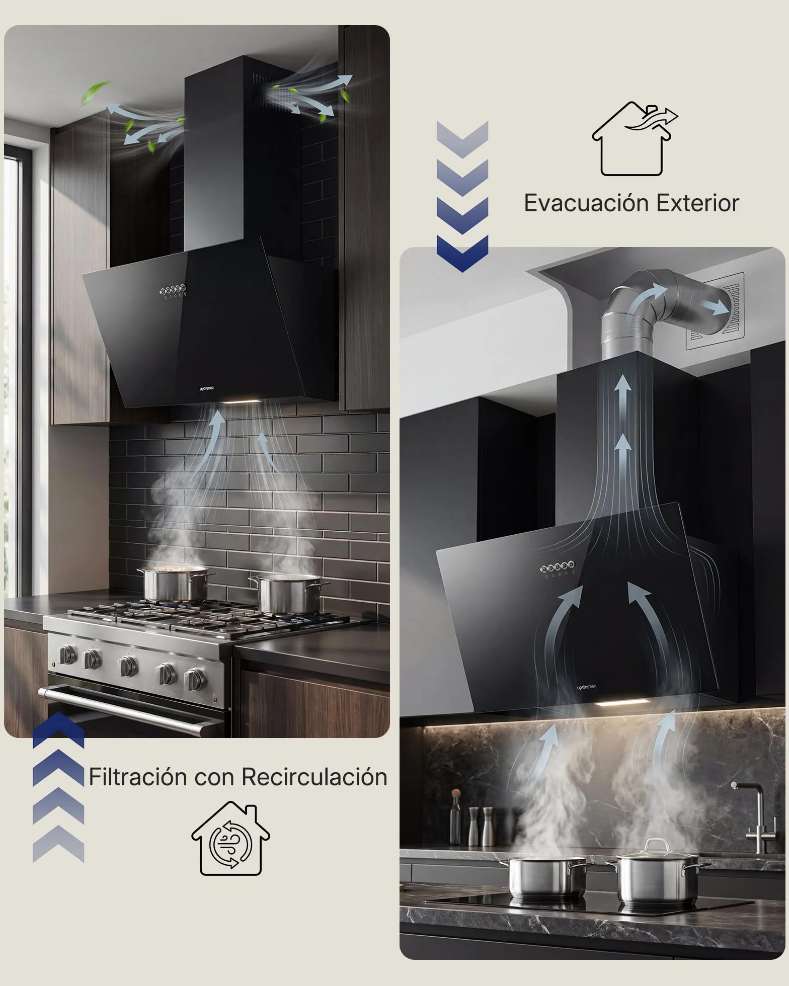 Upstreman Campana Extractora 60 cm, A+++, 56 dB, Diseño Inclinado | 3 vel (324 m³/h), bajo consumo 7 kWh, evita golpes, visión despejada, filtros carbón, LED, filtro lavable, cristal templado