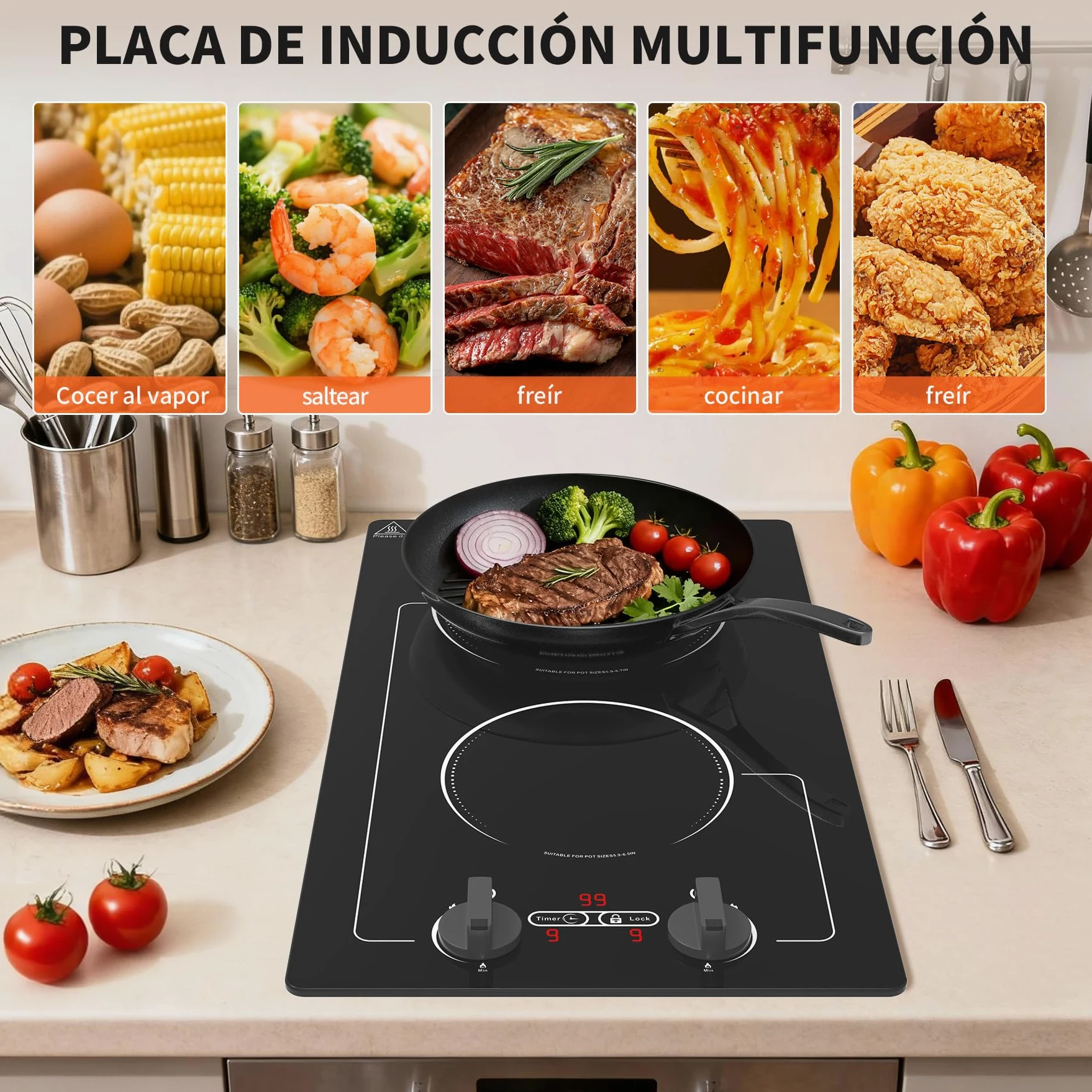 VBGK induccion 2 fuegos,220V 3000W placa induccion 2 fuegos con pantalla táctil LED, 10 niveles de potencia, bloqueo infantil y temporizador, protección contra sobrecalentamiento