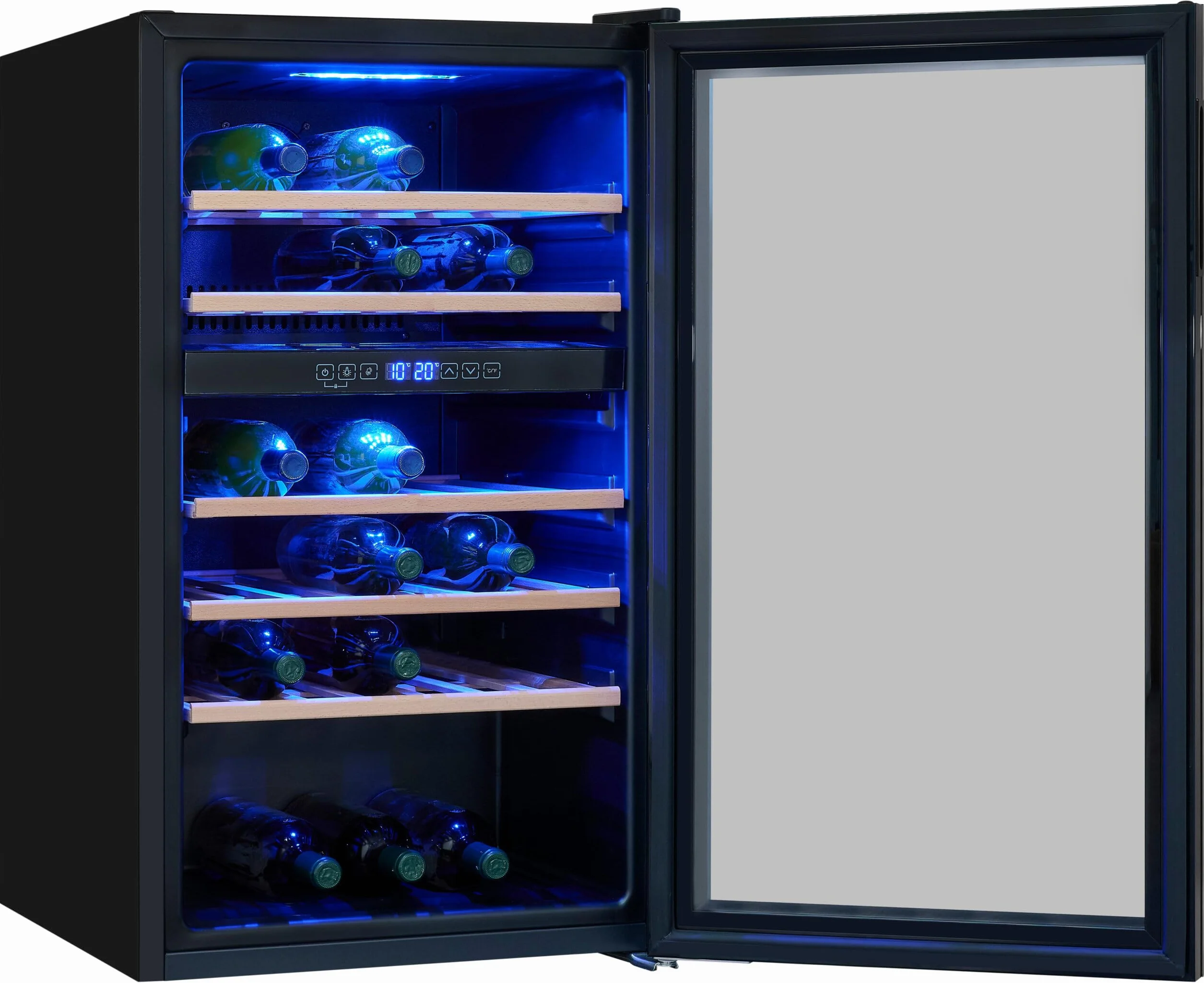 Exquisit® Vinoteca para 45 Botellas, 119L, Negro, Clase G, Dos Zonas de Temperatura 5-20°C, Control Digital LCD, Puerta Reversible de Cristal, Iluminación LED, Medidas (86,5 x 49,0 x 58,0 cm).