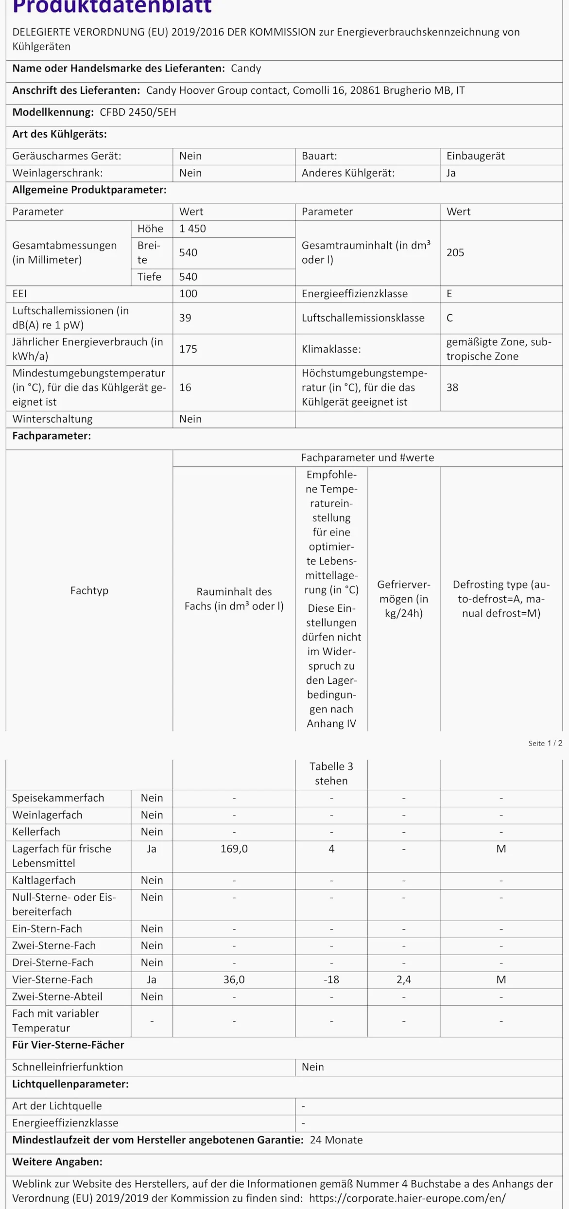 Candy CFBD 2450/5EH - Frigorífico empotrado con congelador, puerta de arrastre, doble puerta, nicho de 144 cm, 205 litros, compartimento frigorífico de 169 litros, congelador de 36 litros, 1 cajón de