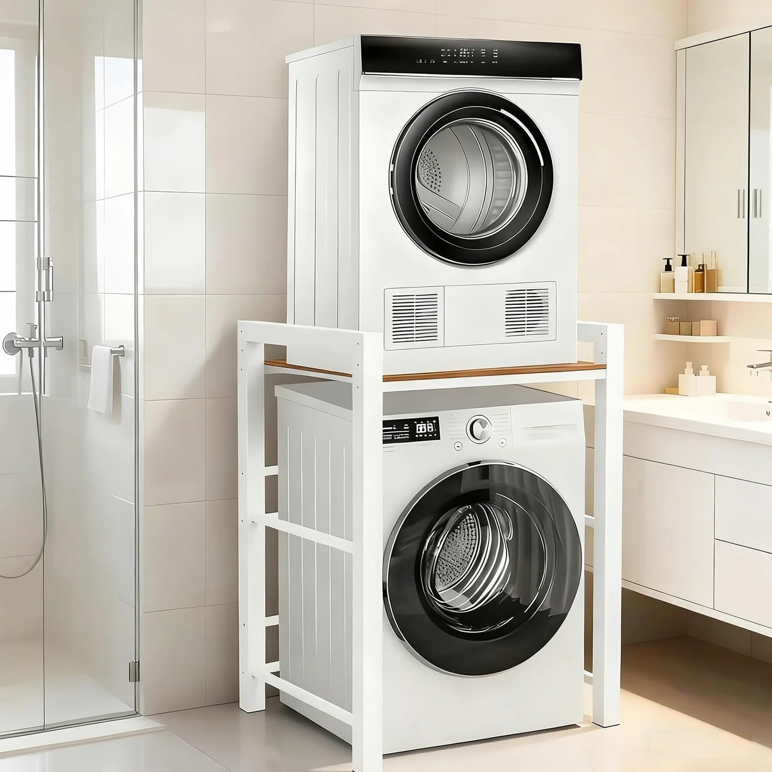 Mueble Lavadora Secadora, Soporte Secadora Sobre Lavadora, Estantería Lavadora, Armario Lavadora Secadora con 3 Alturas Ajustables, Capacidad de Carga 350kg, Para BañO, BalcóN, Lavandería