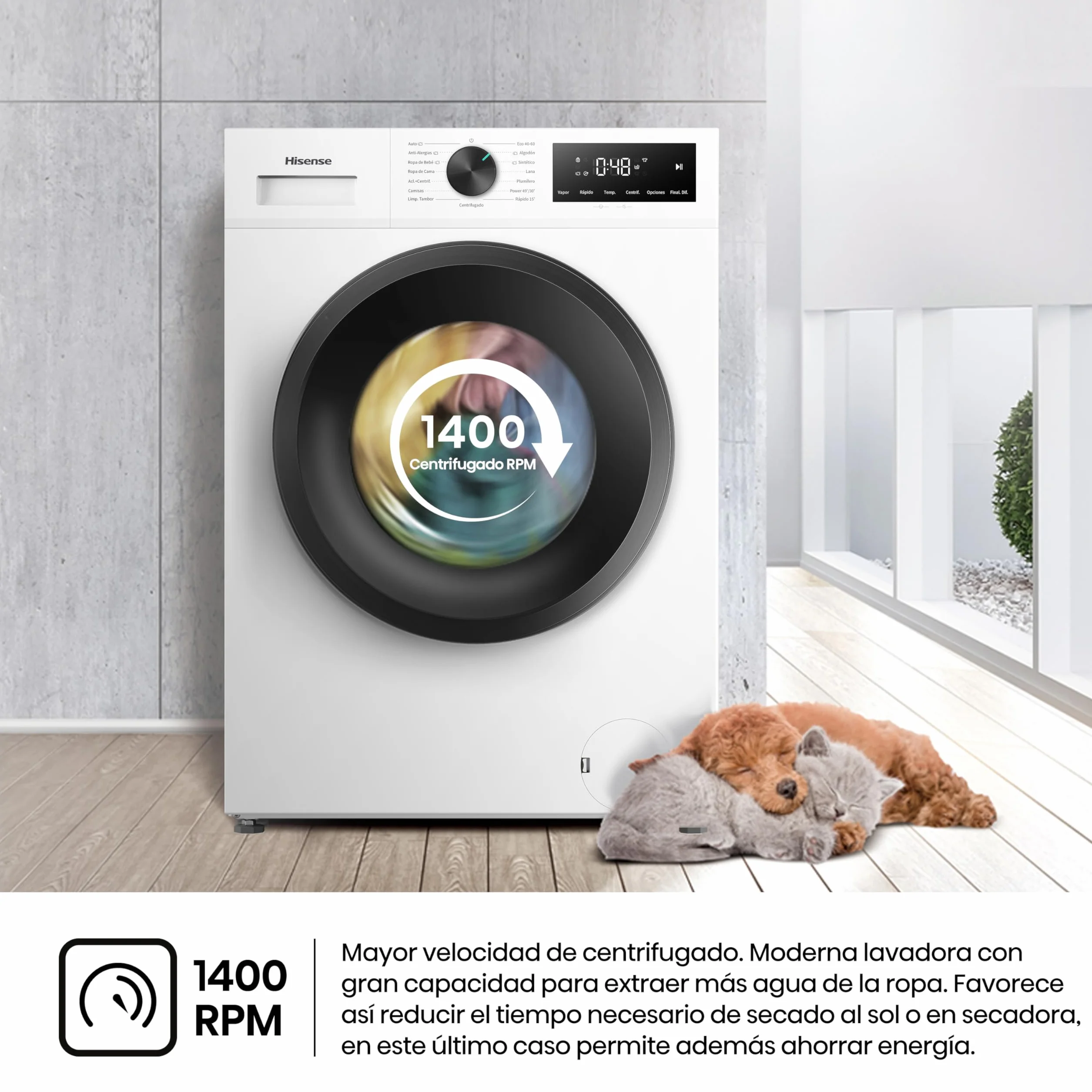 Hisense WF1I1142BWL - Lavadora 11 Kg, 1400 rpm, Clase A, Fondo 59cm, Lav. Power 49’ y Rápidos 30' y 15', Dispensador Automix, Lavado Auto Wash, Antiarrugas, iFit™ Fondo Optimizado, Vapor 99,9%, Blanco