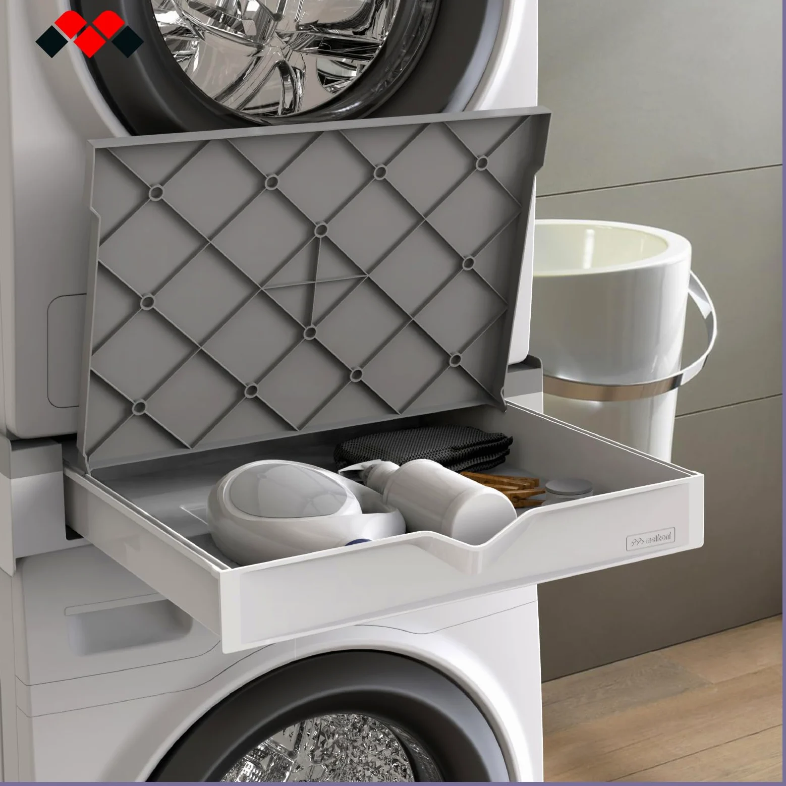 Meliconi Torre Duo, Kit Apilamiento Lavadora Secadora 2 en 1 | Premontado, con Estante de Apoyo y Compartimento de Almacenamiento, Cinta de Seguridad, Capacidad 250kg, Made in Italy, Negro