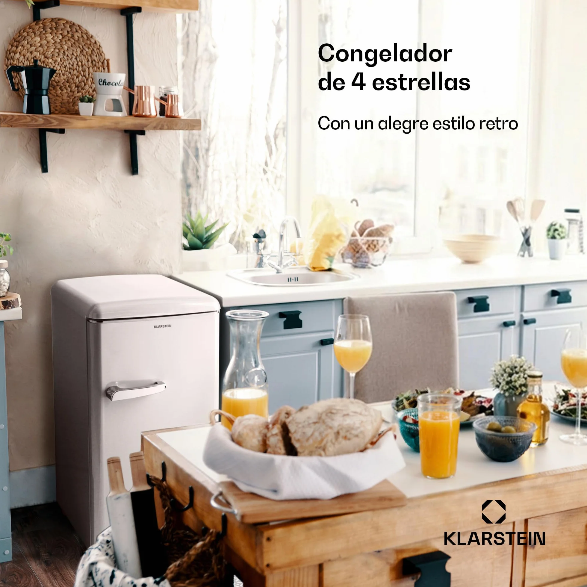 Klarstein Laika - Congelador, Termostato con 5 niveles, Temperaturas de -24 a -15 °C, 3 cajones extraíbles, CEE E, Capacidad de 60 L, Crema