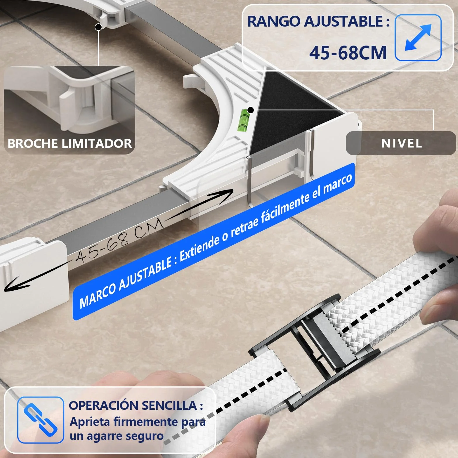 Slimline - Kit de apilamiento para Lavadora y Secadora, Marco Universal para electrodomésticos de 45-68 cm, diseño Que Ahorra Espacio con Correa de trinquete y 4 Ganchos multifunción (Blanco)
