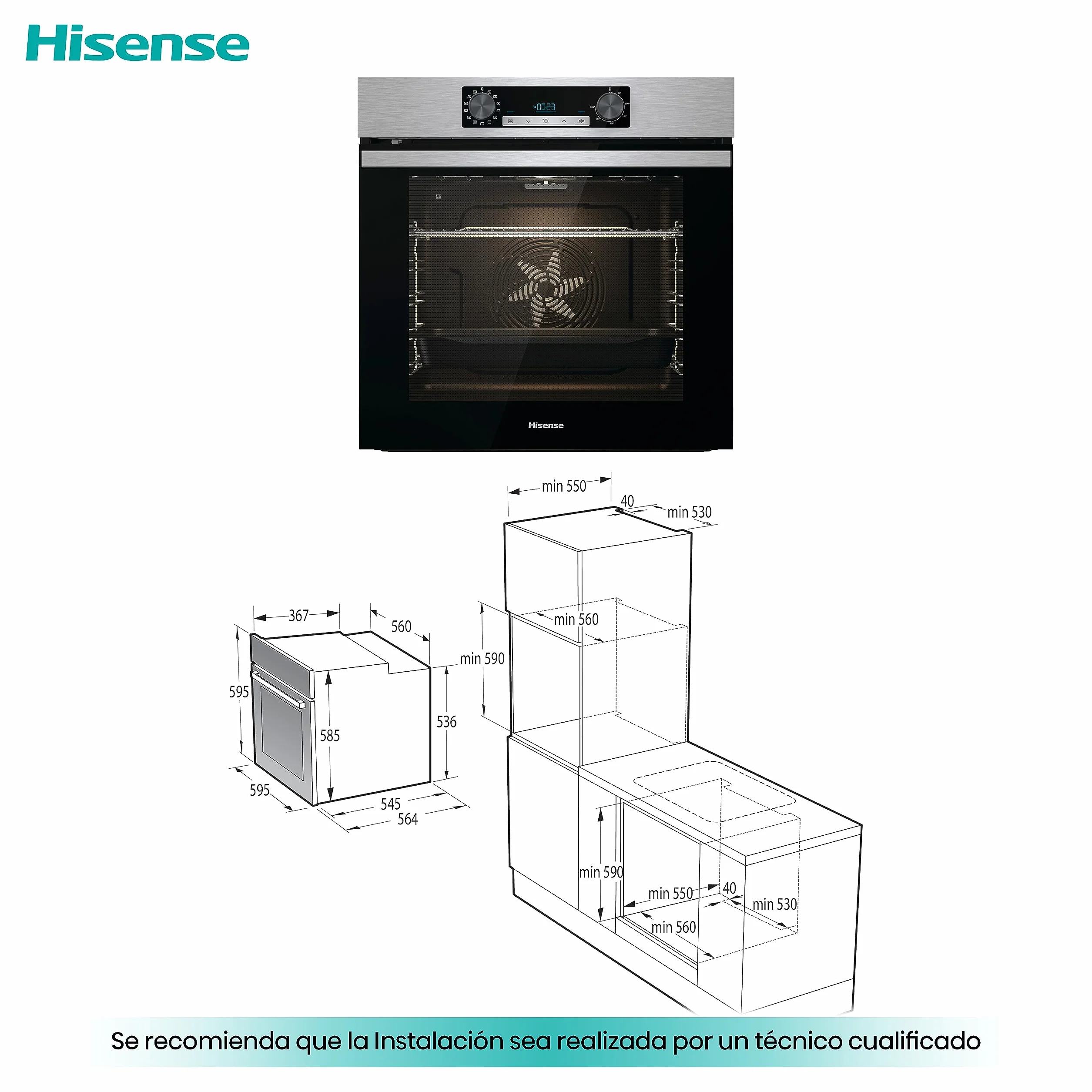 Hisense BI64211PX Horno Multifunción Pirolítico + Función Freidora de Aire sin Aceite, Gran Capacidad 77L,Cocción Simultanea 5 Niveles, ventilador XXL, Pizza mode 300º, Puertas removibles Inox