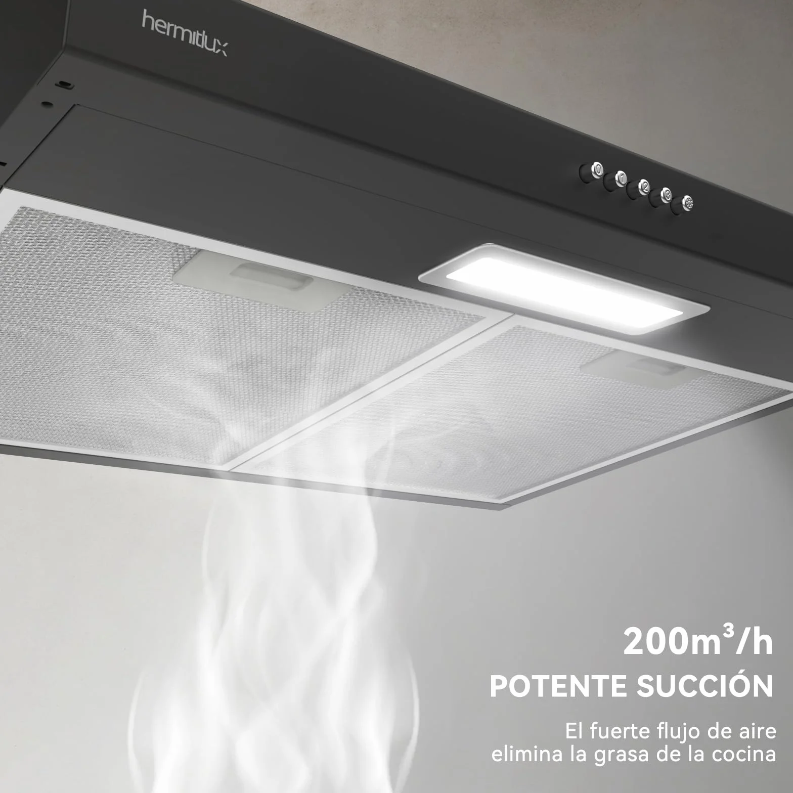Hermitlux Campana Extractora de 60cm, 200m³/h, Evacuación/Recirculación, Iluminación LED, Incluye Filtro de Carbón Activado, Acero Inoxidable Negro