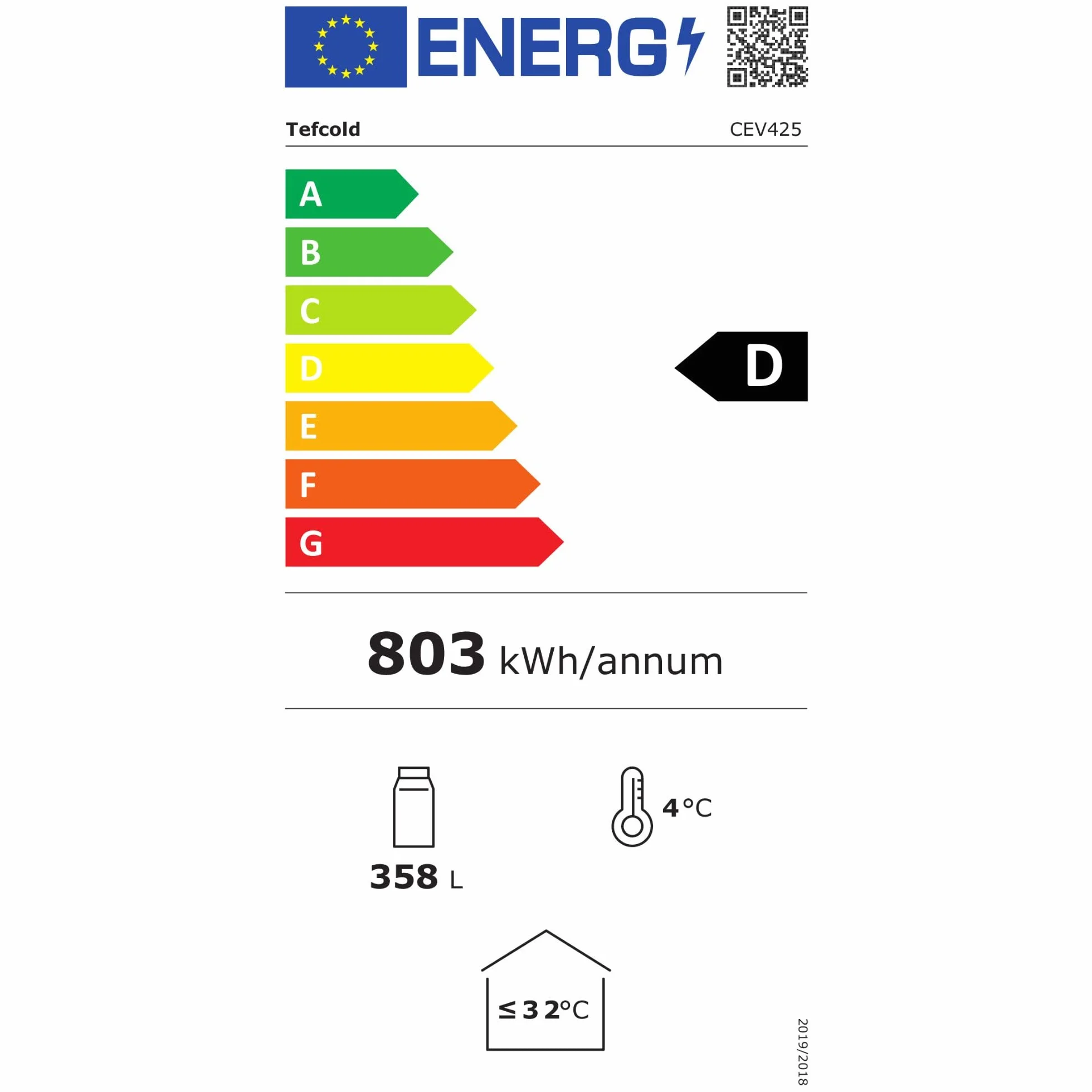 Tefcold CEV425 1 LED Frigorífico para Bebidas, Volumen Bruto 372 L, Nevera Expositora, Frigorífico con Puerta de Cristal, Rango de Temperatura 2 a 10 °C, Luz Interior LED dentro del Marco de Puerta