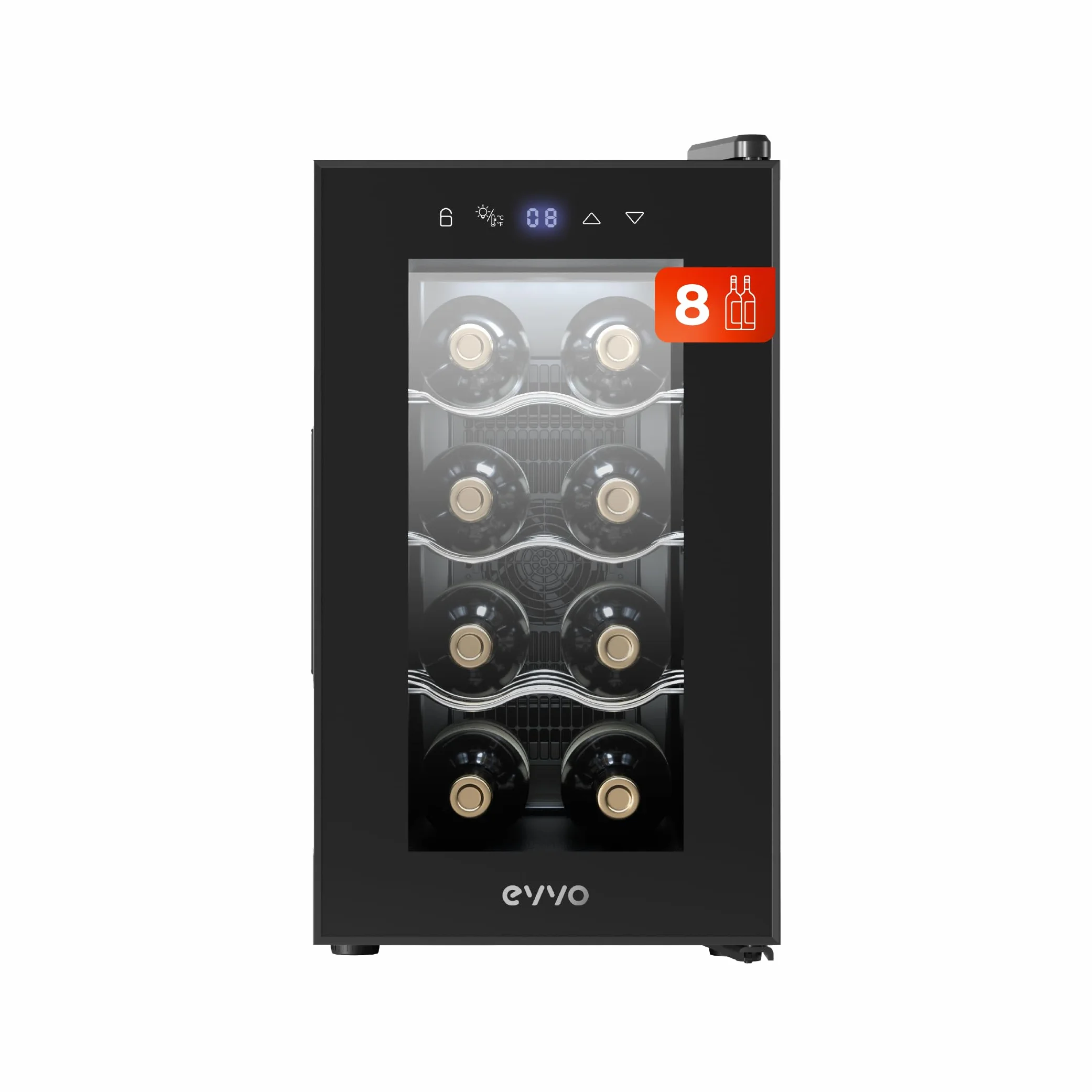 EVVO Vinoteca VT8 - Enfriador de Botellas de Vino, Nevera Pequeña para 8 Botellas, Enfriador de Vino Silencioso, Control Táctil, Luz LED, Botellero Vertical, Temperatura Ajustable 8-18ºC