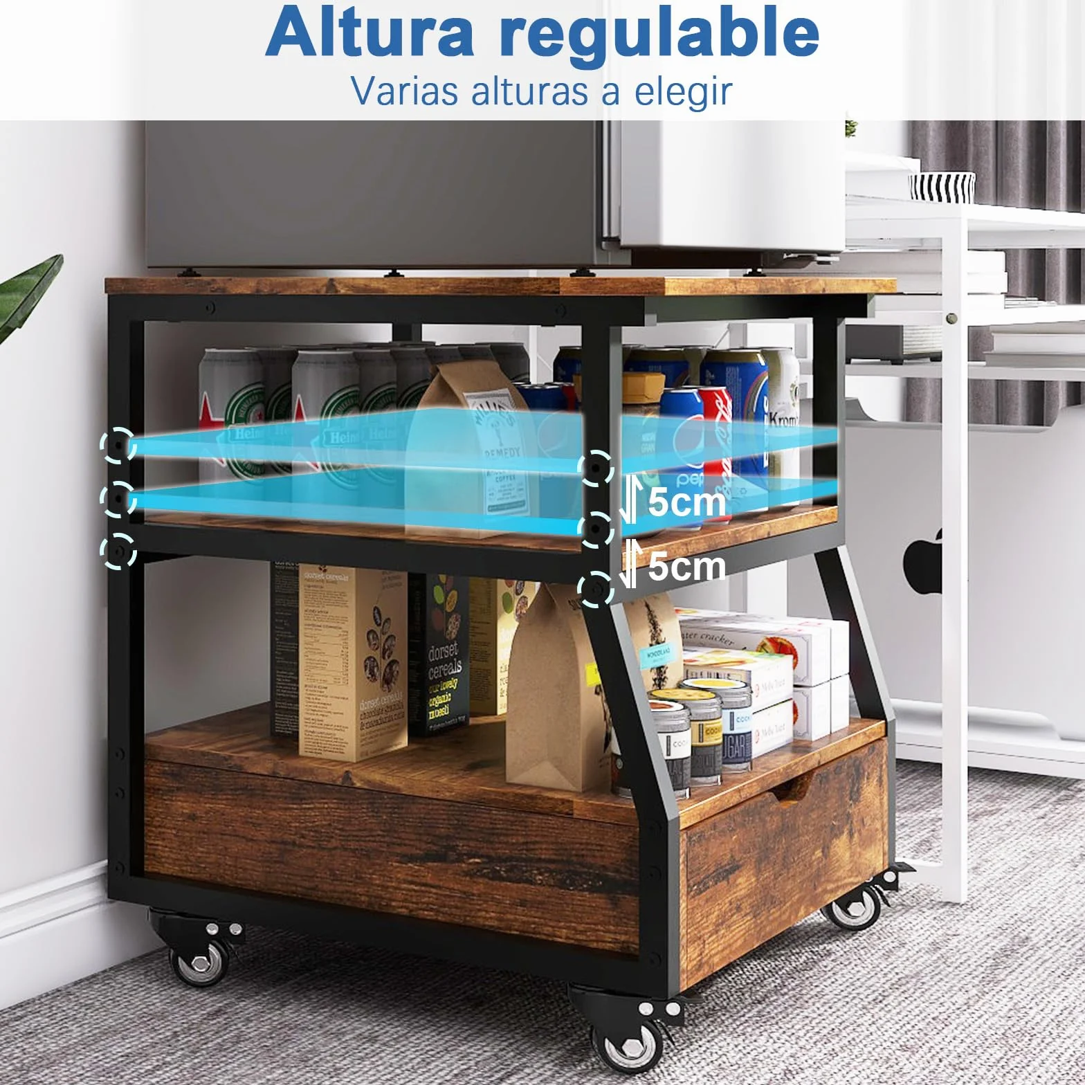 PUNCIA Soporte de 3 Niveles para Mini Nevera Mueble Estante de Frigorífico con Ruedas Organizador Móvil con Cajón Plataforma para Refrigerador Cocina Salón Oficina