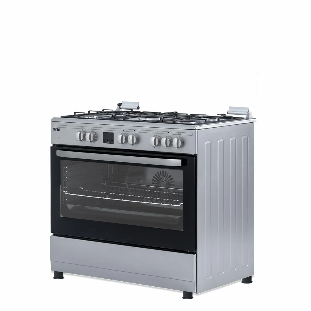 Svan Cocina Mixta gas Butano 5 Zonas de Cocción, Horno 97 L, Inox SKMW5901X. Control Manual, Quemador WOK triple llama, 9 Programas de Cocción, Tapa Abatible