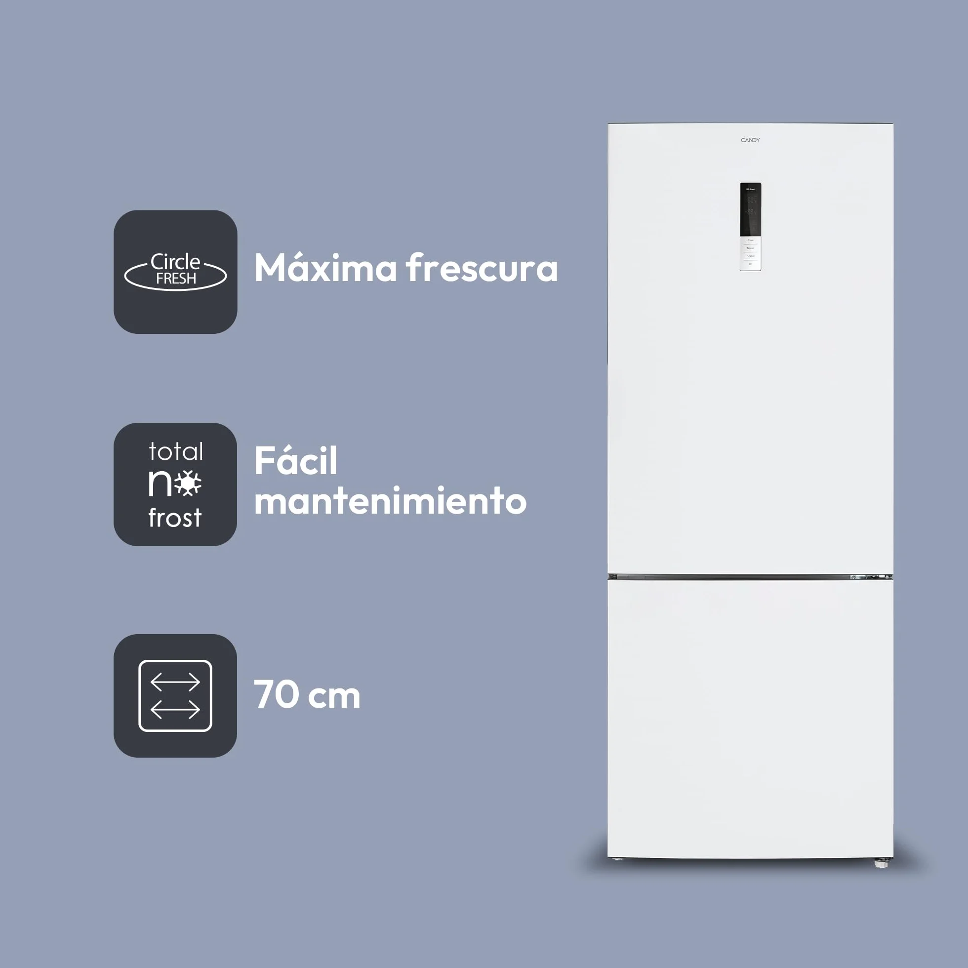 Candy Combi 70 CCG5T718EW1, Frigorífico Combi, 442L, Total No Frost Circle+, 3 Estantes, 4 Balconeras, 2 Cajones Verduleros, Control Digital Interno, Ancho 70 cm, Alto 185,5cm, Iluminación LED, Blanco
