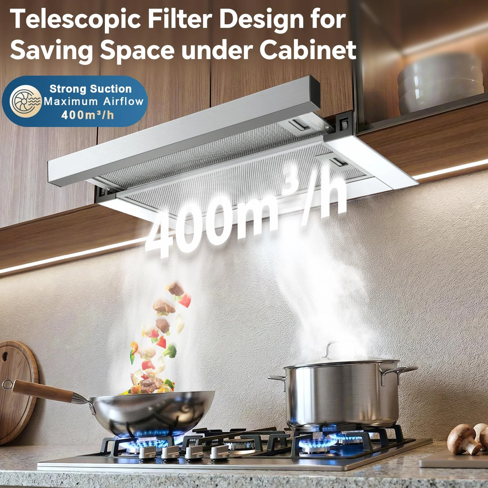 Campana Extractora 60 cm Telescópica, 400 m³/h Flujo de Aire, Superficie de Acero Inoxidable, Iluminación LED, Interruptor Basculante, Campanas Extractoras Silenciosas para Cocina