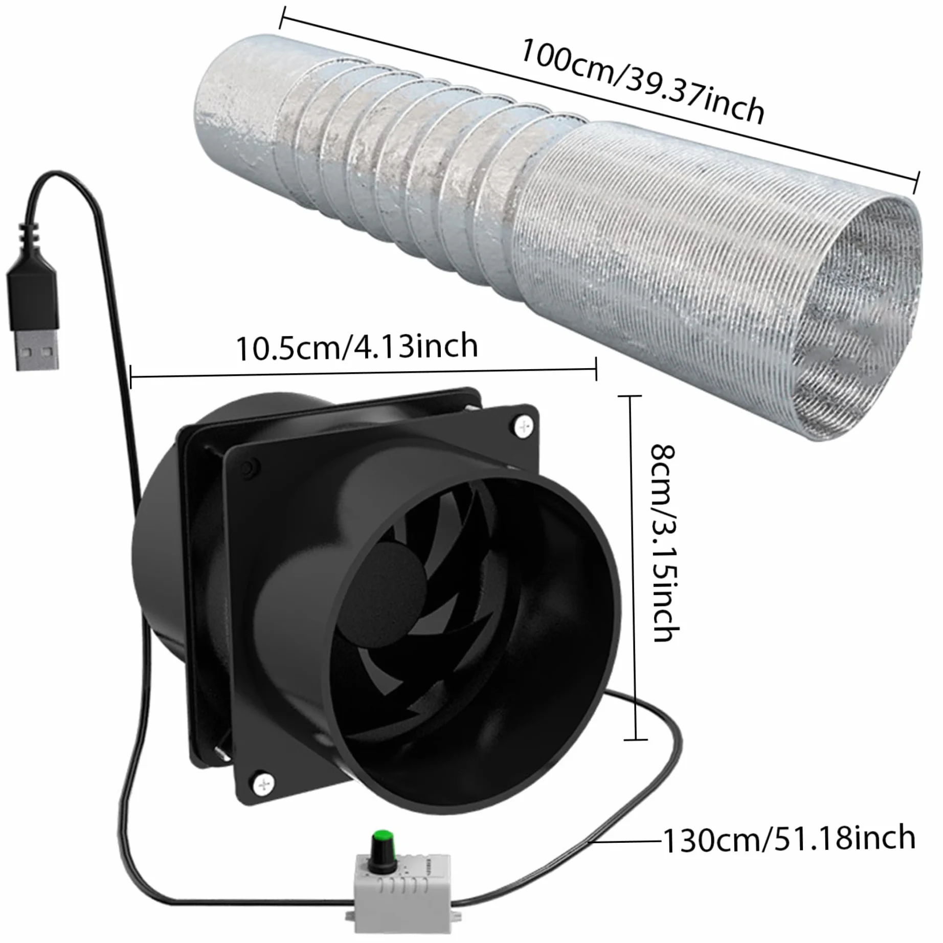 Extractor de aire portátil con manguera de conducto de 3.3 ft ventilador de ventilación ajustable USB potente ventilador de escape de motor sin escobillas de 5 V 2 A para cocina y baño