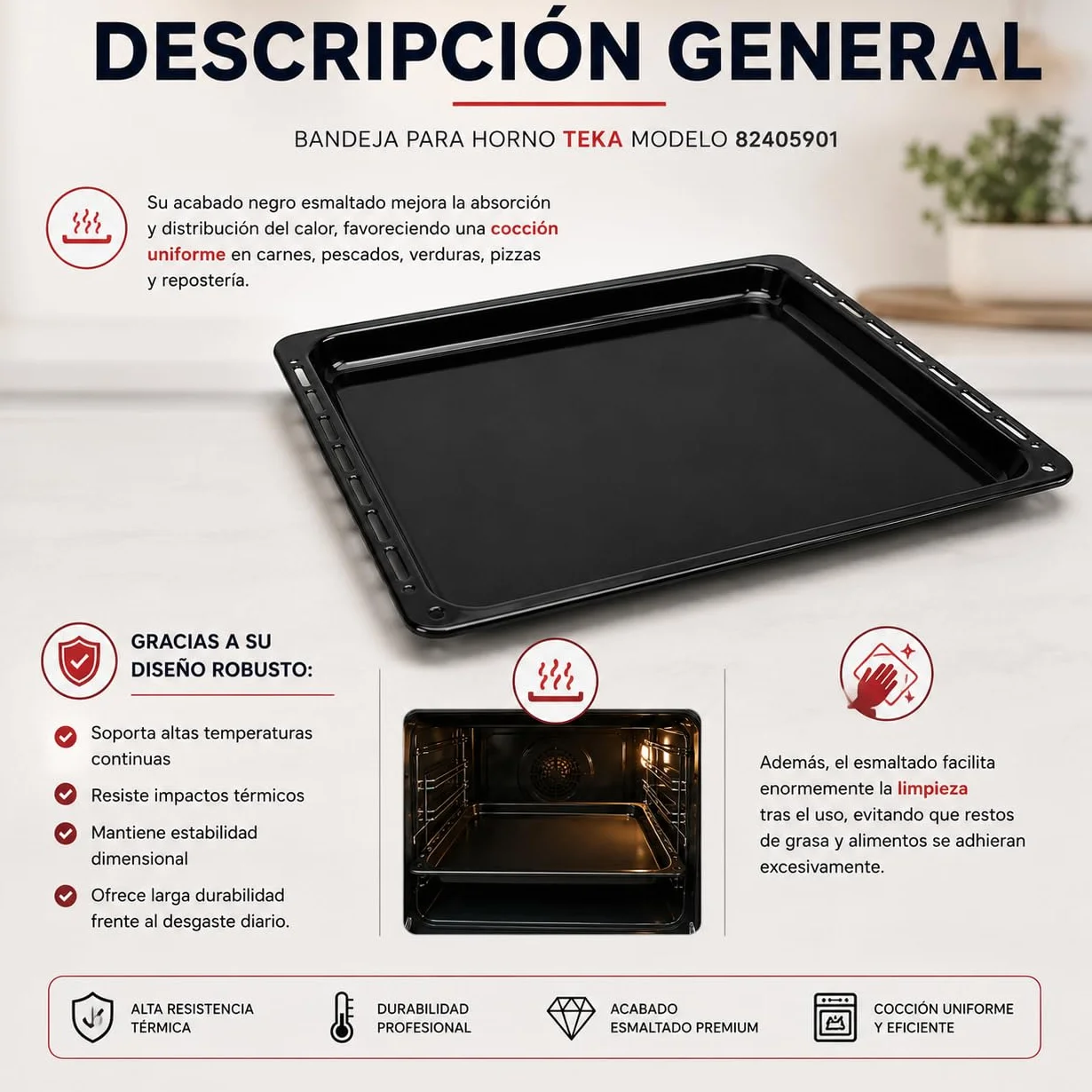 CABLEPELADO Bandeja para horno Teka | modelo 82405901 | Bandeja profunda esmaltada Horno Teka | 368 mm profundo x 460 mm ancho