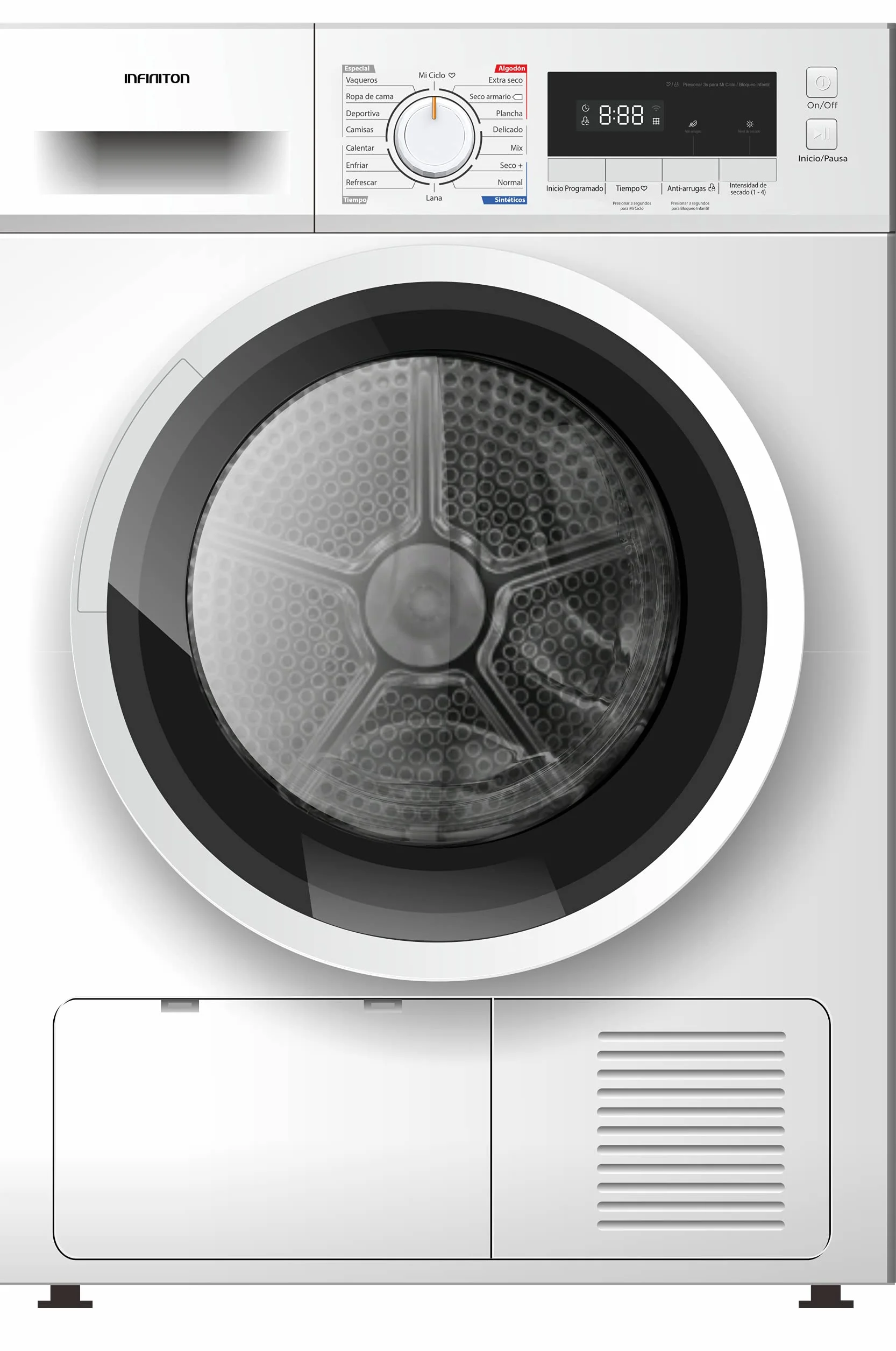 INFINITON | Secadora de Condensación SD-A821 | Enfriamiento Anti-arrugas | Display LED | Capacidad 8 Kg | 16 Programas | Clase Energética B | Color Blanco |